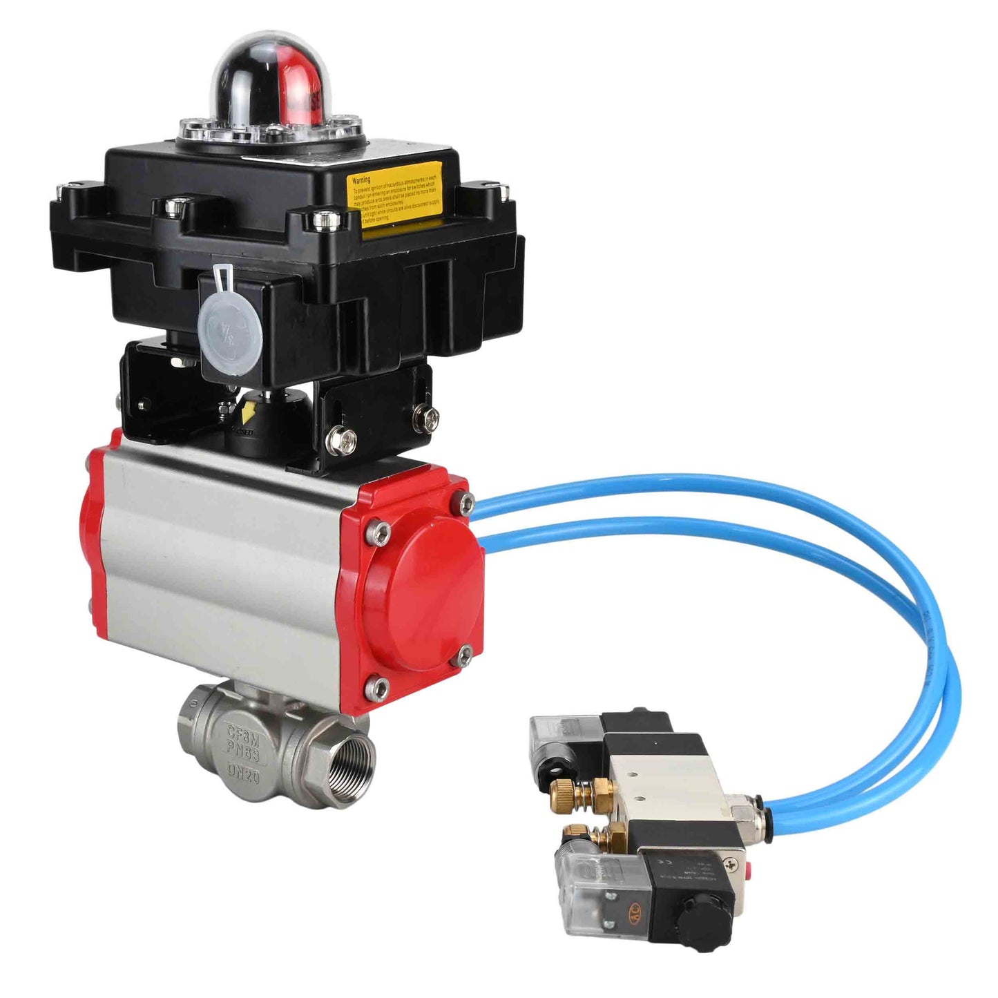 Ball valves DNOVA BV3232P(4pc)-SP-3WL-T-ISO-H, body material - Stainless steel AISI 316, seal - PTFE / PTFE / Teflon, with pneumatic actuator with return springs PA-SA, 4V320-08 220V, LSU APL-410N Ex