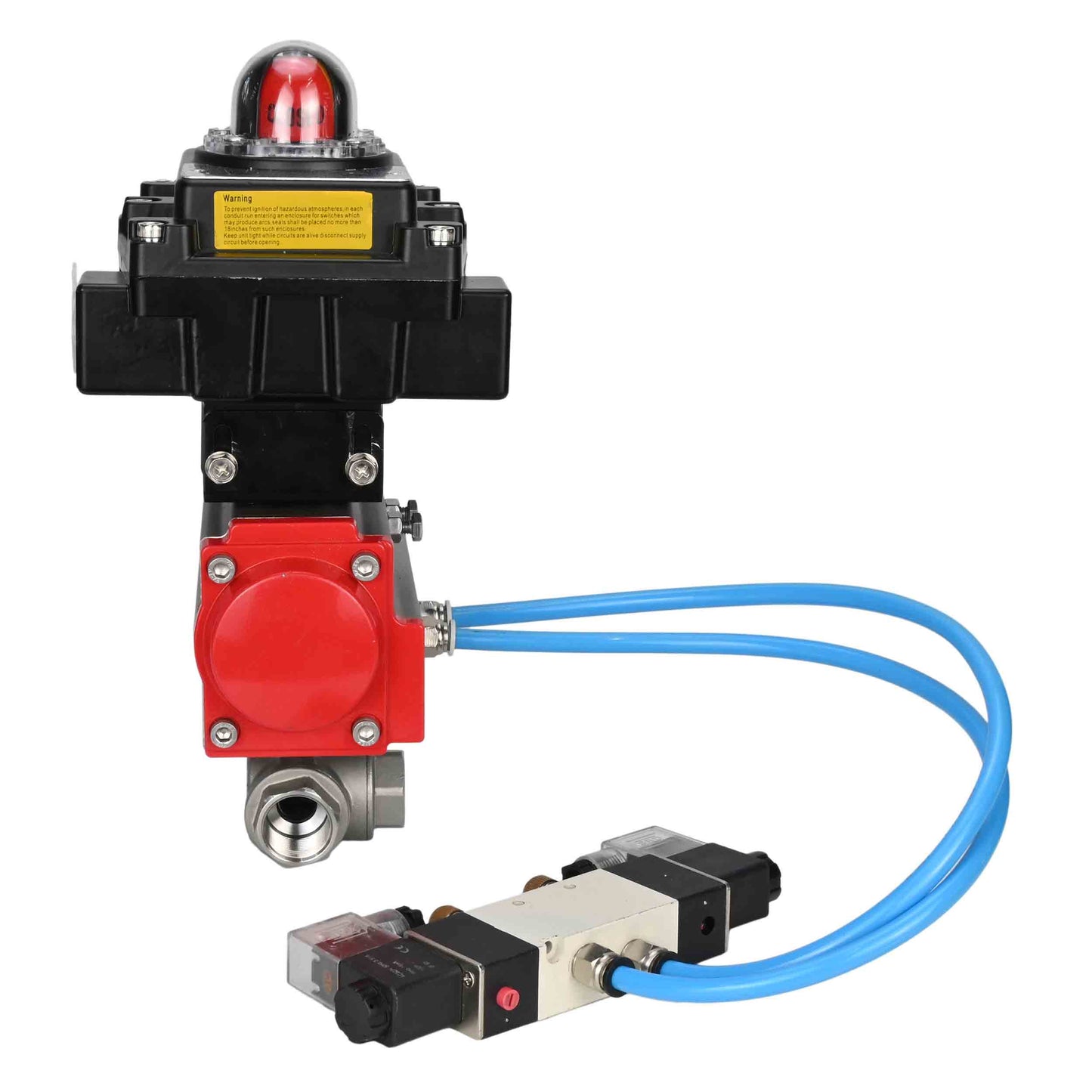 Ball valves DNOVA BV3232P(4pc)-SP-3WL-T-ISO-H, body material - Stainless steel AISI 316, seal - PTFE / PTFE / Teflon, with pneumatic actuator with return springs PA-SA, 4V320-08 220V, LSU APL-410N Ex