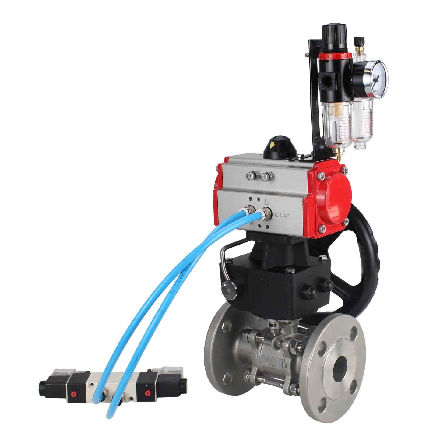 Ball valves DNOVA BV3131P(3pc)-FP-F-ISO-H DN15-40 16 bar, three-piece full bore flanged, stainless steel SS304, PTFE, with double-acting PA-DA pneumatic actuator, with pneumatic distributor 4V320-08 220V, manual DNbler MON1-250-T26-ISO, with ATU AFC20