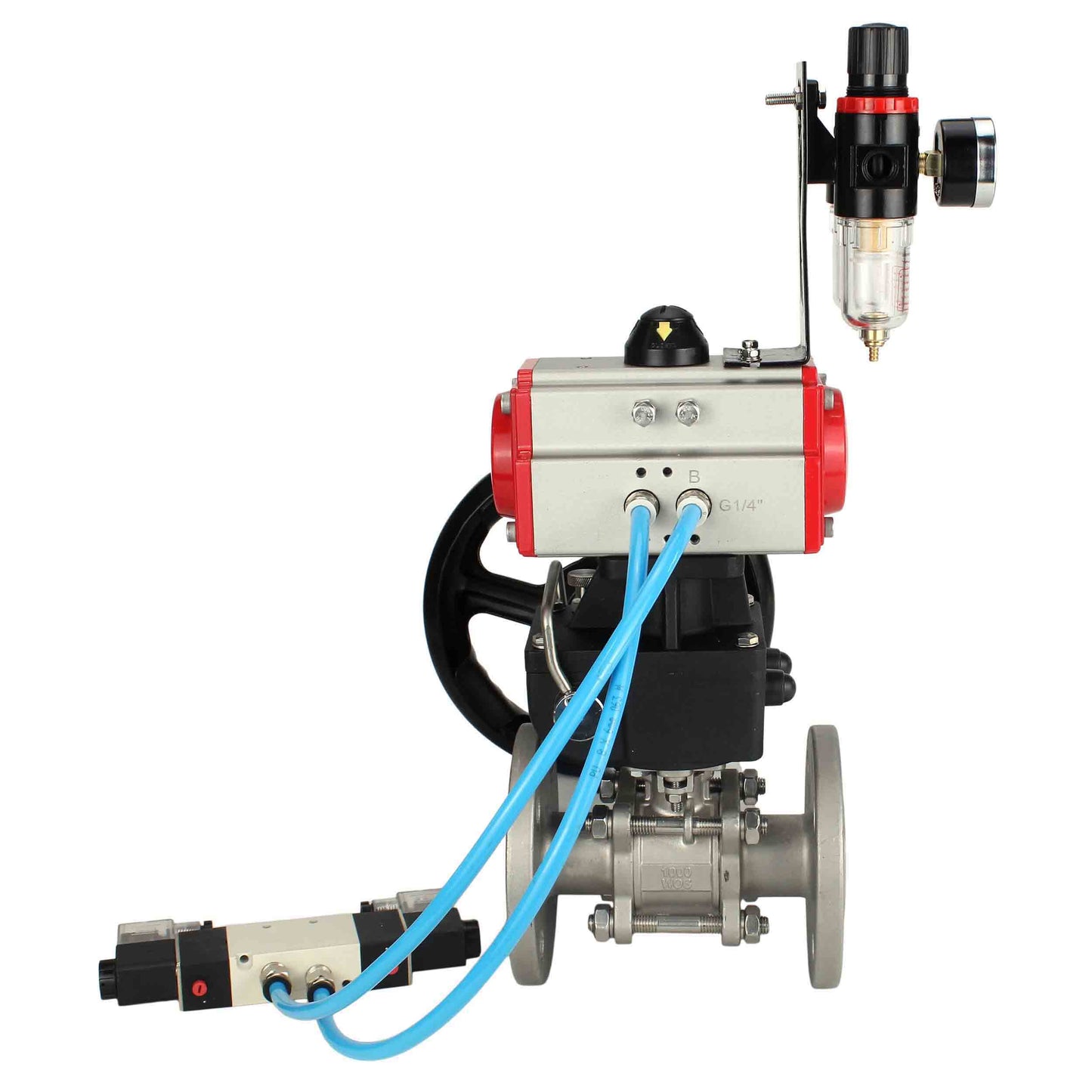 Ball valves DNOVA BV3131P(3pc)-FP-F-ISO-H DN15-40 16 bar, three-piece full bore flanged, stainless steel SS304, PTFE, with double-acting PA-DA pneumatic actuator, with pneumatic distributor 4V320-08 220V, manual DNbler MON1-250-T26-ISO, with ATU AFC20