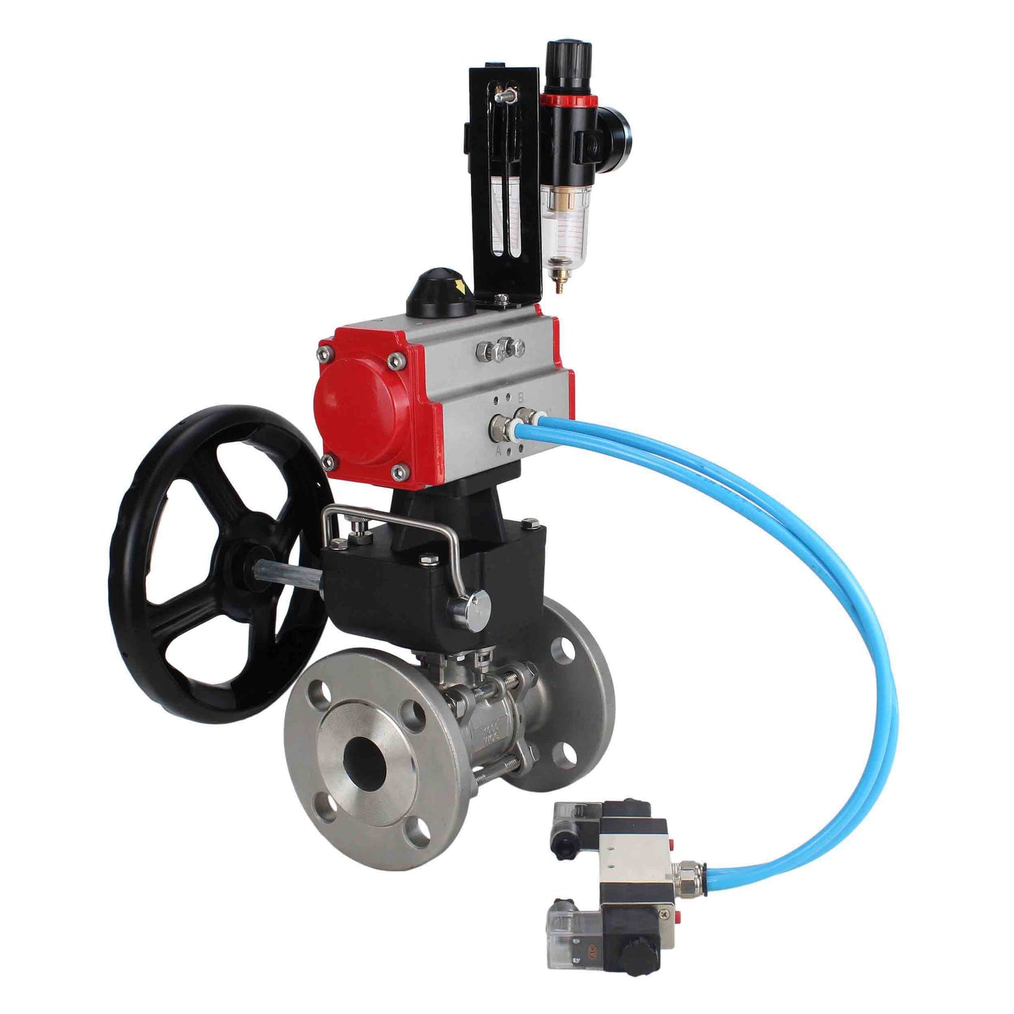 Ball valves DNOVA BV3131P(3pc)-FP-F-ISO-H DN15-40 16 bar, three-piece full bore flanged, stainless steel SS304, PTFE, with double-acting PA-DA pneumatic actuator, with pneumatic distributor 4V320-08 220V, manual DNbler MON1-250-T26-ISO, with ATU AFC20