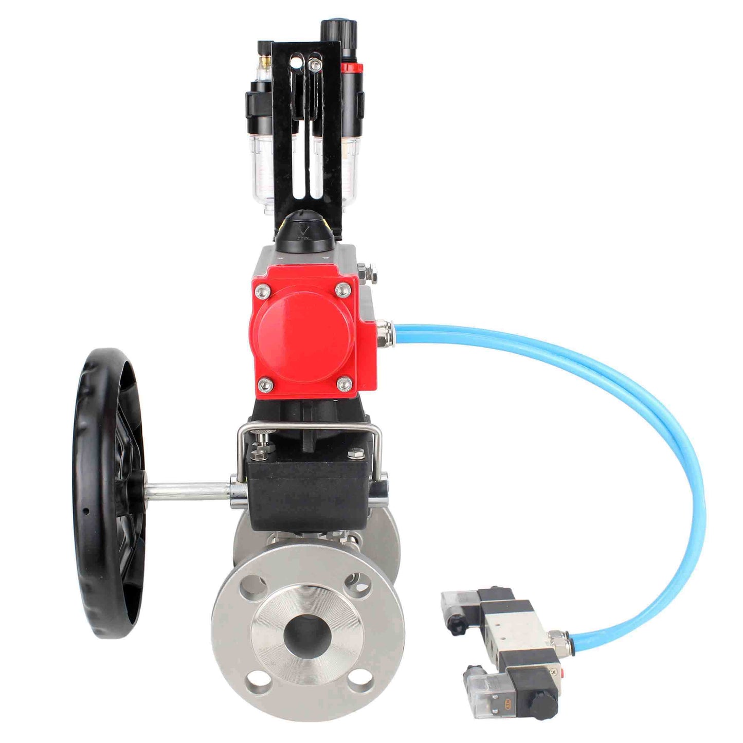 Ball valves DNOVA BV3131P(3pc)-FP-F-ISO-H DN15-40 16 bar, three-piece full bore flanged, stainless steel SS304, PTFE, with double-acting PA-DA pneumatic actuator, with pneumatic distributor 4V320-08 220V, manual DNbler MON1-250-T26-ISO, with ATU AFC20