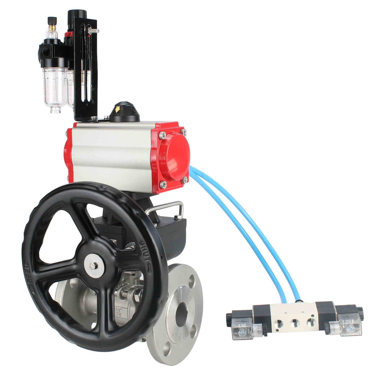 Ball valves DNOVA BV3131P(3pc)-FP-F-ISO-H DN15-40 16 bar, three-piece full bore flanged, stainless steel SS304, PTFE, with double-acting PA-DA pneumatic actuator, with pneumatic distributor 4V320-08 220V, manual DNbler MON1-250-T26-ISO, with ATU AFC20