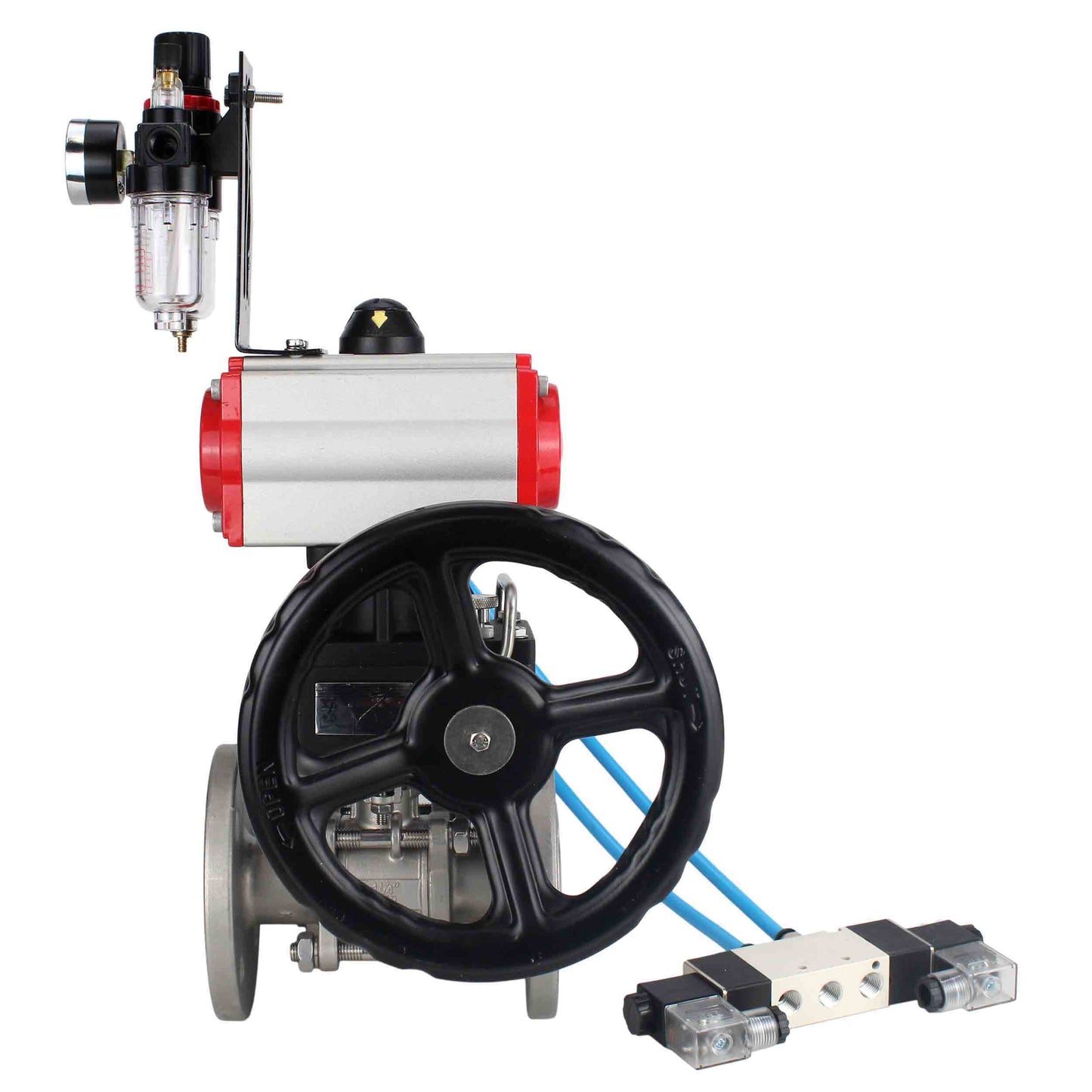Ball valves DNOVA BV3131P(3pc)-FP-F-ISO-H DN15-40 16 bar, three-piece full bore flanged, stainless steel SS304, PTFE, with double-acting PA-DA pneumatic actuator, with pneumatic distributor 4V320-08 220V, manual DNbler MON1-250-T26-ISO, with ATU AFC20