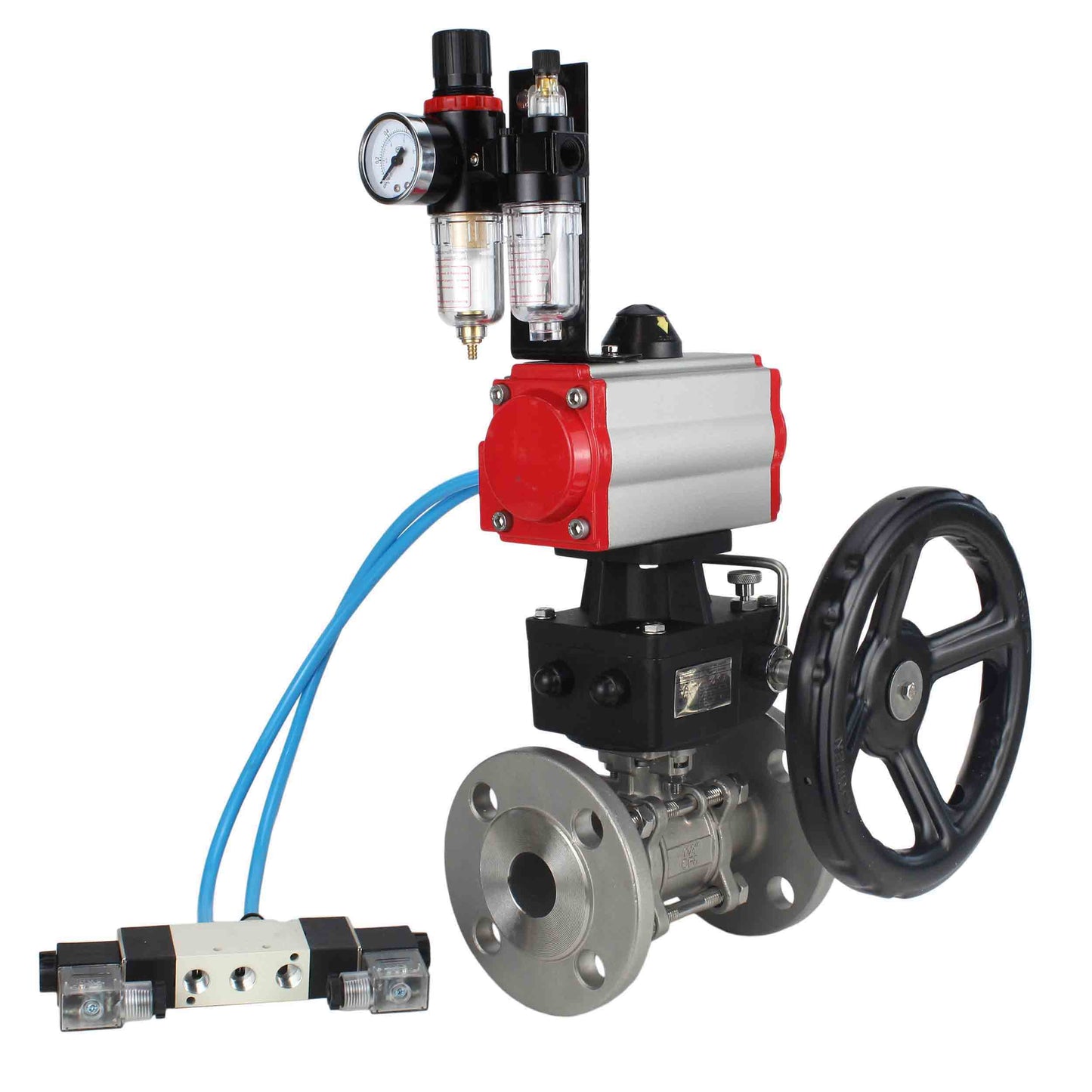 Ball valves DNOVA BV3131P(3pc)-FP-F-ISO-H DN15-40 16 bar, three-piece full bore flanged, stainless steel SS304, PTFE, with double-acting PA-DA pneumatic actuator, with pneumatic distributor 4V320-08 220V, manual DNbler MON1-250-T26-ISO, with ATU AFC20