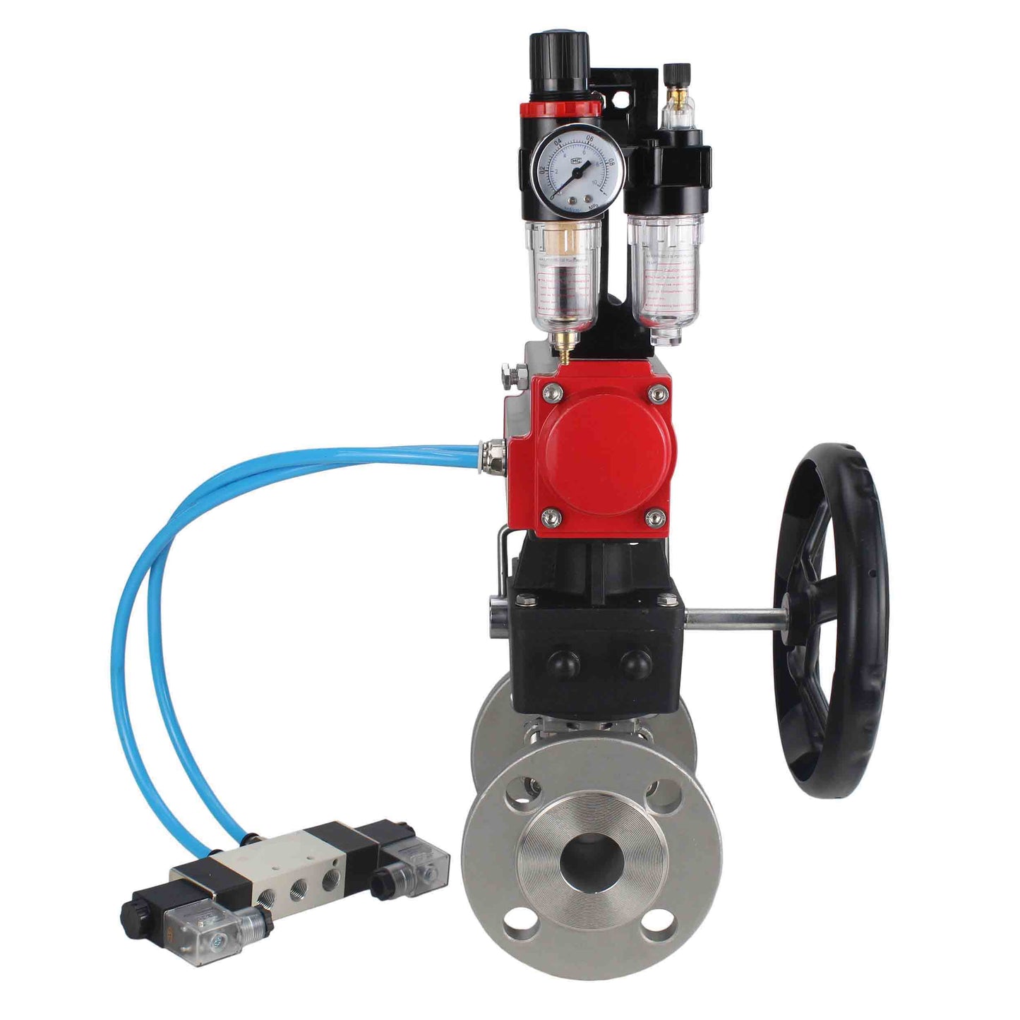 Ball valves DNOVA BV3131P(3pc)-FP-F-ISO-H DN15-40 16 bar, three-piece full bore flanged, stainless steel SS304, PTFE, with double-acting PA-DA pneumatic actuator, with pneumatic distributor 4V320-08 220V, manual DNbler MON1-250-T26-ISO, with ATU AFC20