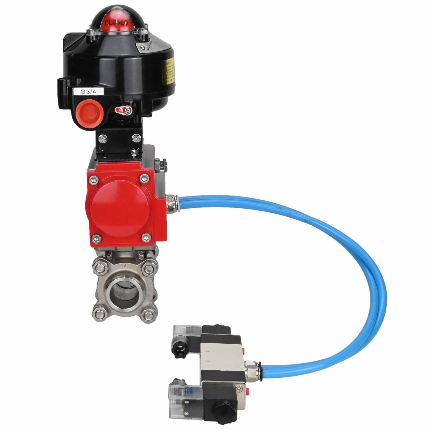 Válvulas de bola DNOVA BV3232P(3 piezas)-FP-W-ISO-H DN8-4" para soldar, paso total, cuerpo de acero inoxidable SS316, junta de PTFE, con actuador neumático DNOVA PA-SA 052-130, distribuidor neumático 4V320-08, conexión DN8 LSU APL-510N-EX