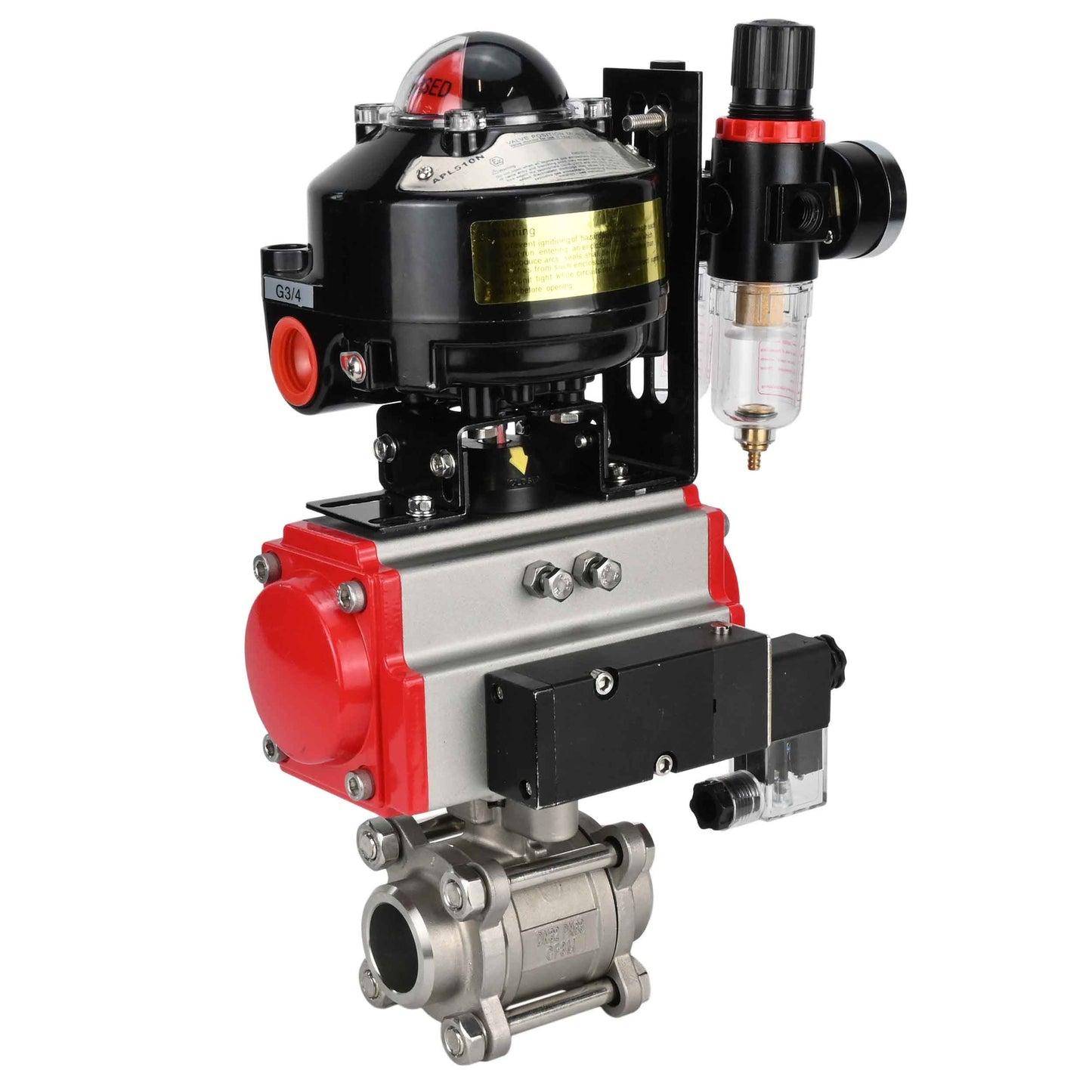 Ball valves DNOVA BV3232P(3pc)-FP-W-ISO-H for welding, full bore, stainless steel body. steel SS316, seal - PTFE, with pneumatic drive DNOVA PA-DA 052-083 pneumatic distributor 4M310-08 220V ATU AFC2000 LSU APL-510N-EX
