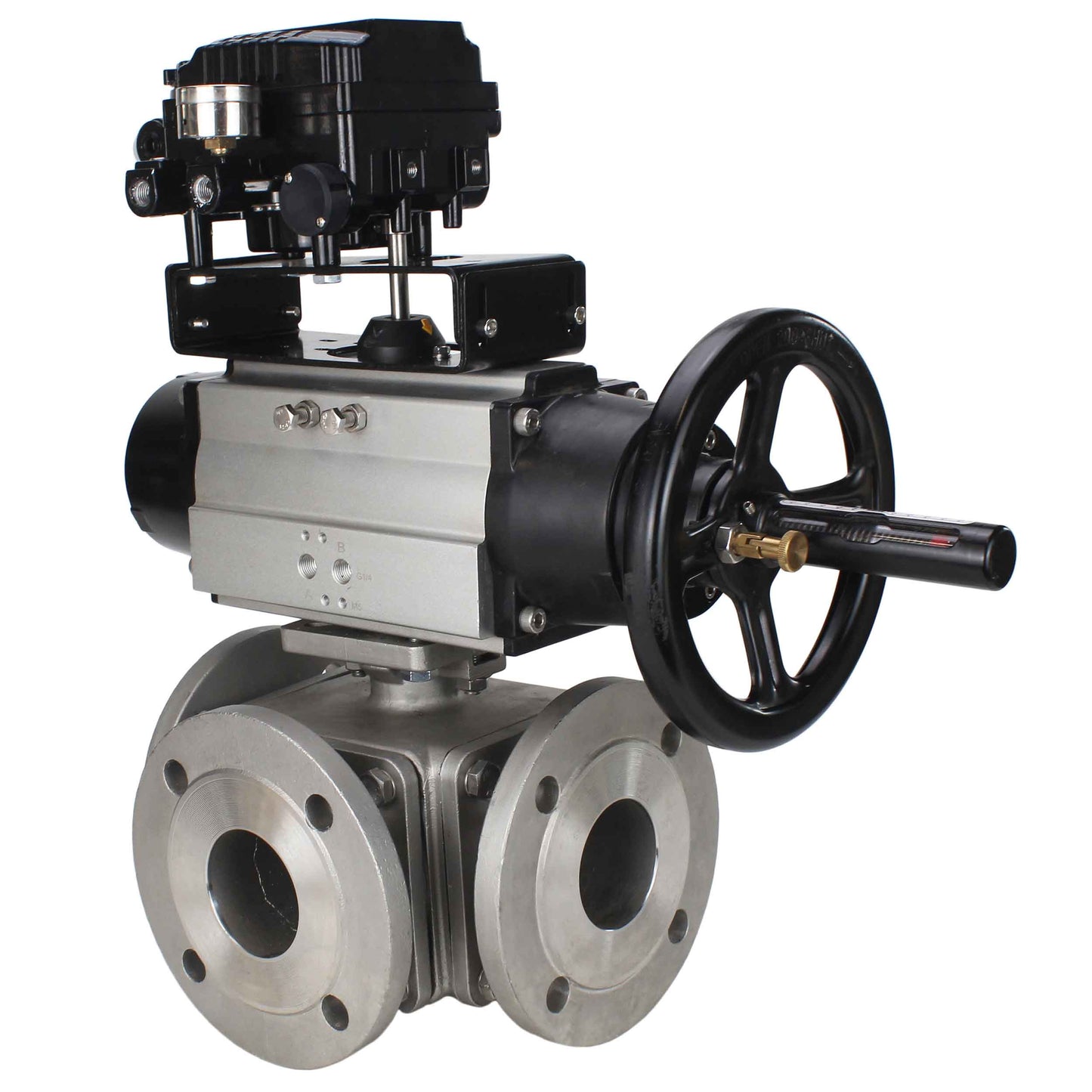 Ball valves DNOVA BV3232P(4pc)-FP-3WL-F-ISO-H DN100 16 bar full bore, flanged, body - stainless steel SS316, ISO flange F10/F12, square 19x19, with double pneumatic actuator PA-DA-105-1 action and pneumatic positioner YT-1000RSN with feedback
