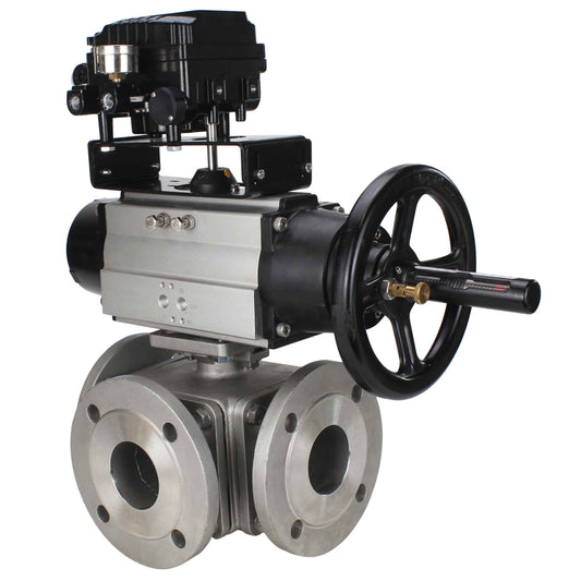 Ball valves DNOVA BV3232P(4pc)-FP-3WL-F-ISO-H DN100 16 bar full bore, flanged, body - stainless steel SS316, ISO flange F10/F12, square 19x19, with double pneumatic actuator PA-DA-105-1 action and pneumatic positioner YT-1000RSN with feedback
