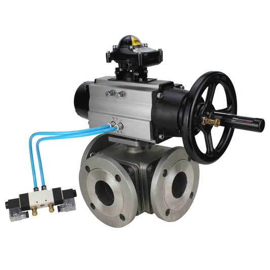 Ball valves DNOVA BV3232P(4pc)-FP-3WL-F-ISO-H DN100 16 bar full bore, flanged, body - stainless steel SS316, ISO flange F10/F12, square 19x19, with double pneumatic actuator PA-DA-105-1 action, pneumatic distributor 4V320-10 220V and LSU APL-210N