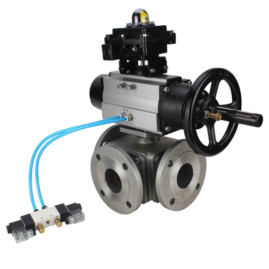Ball valves DNOVA BV3232P(4pc)-FP-3WL-F-ISO-H DN100 16 bar full bore, flanged, body - stainless steel SS316, ISO flange F10/F12, square 19x19, with double pneumatic actuator PA-DA-105-1 action, pneumatic distributor 4V320-10 220V and LSU APL-410N E