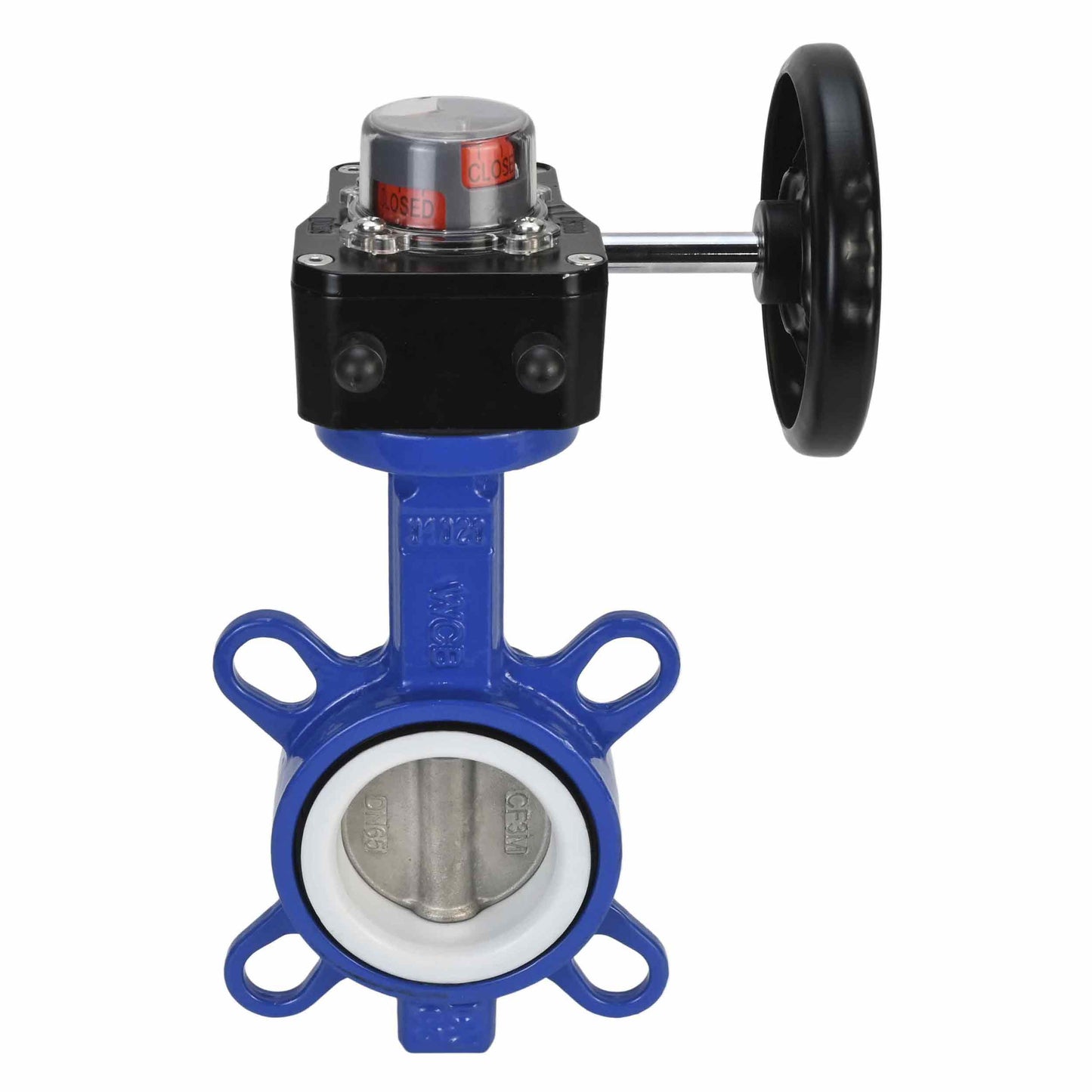 Válvula de mariposa de agua DNOVA WCB-316L-PTFE-HAM, material del cuerpo - acero al carbono WCB, material del disco - acero inoxidable AISI 316L, sello - PTFE, operada por engranajes