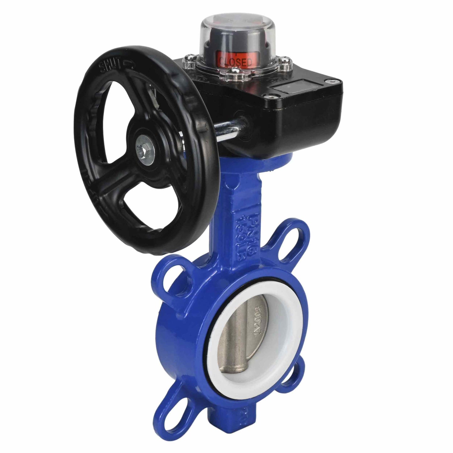Válvula de mariposa de agua DNOVA WCB-316L-PTFE-HAM, material del cuerpo - acero al carbono WCB, material del disco - acero inoxidable AISI 316L, sello - PTFE, operada por engranajes