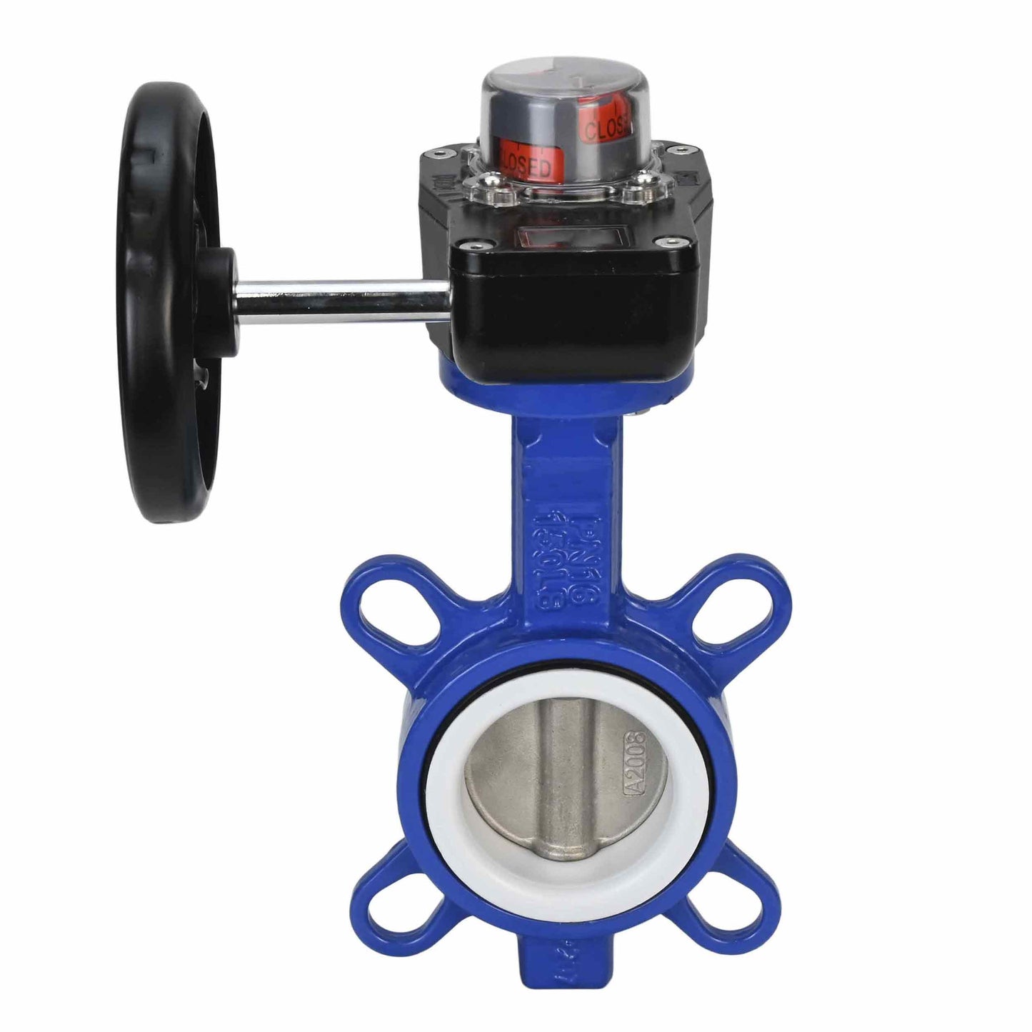 Válvula de mariposa de agua DNOVA WCB-316L-PTFE-HAM, material del cuerpo - acero al carbono WCB, material del disco - acero inoxidable AISI 316L, sello - PTFE, operada por engranajes