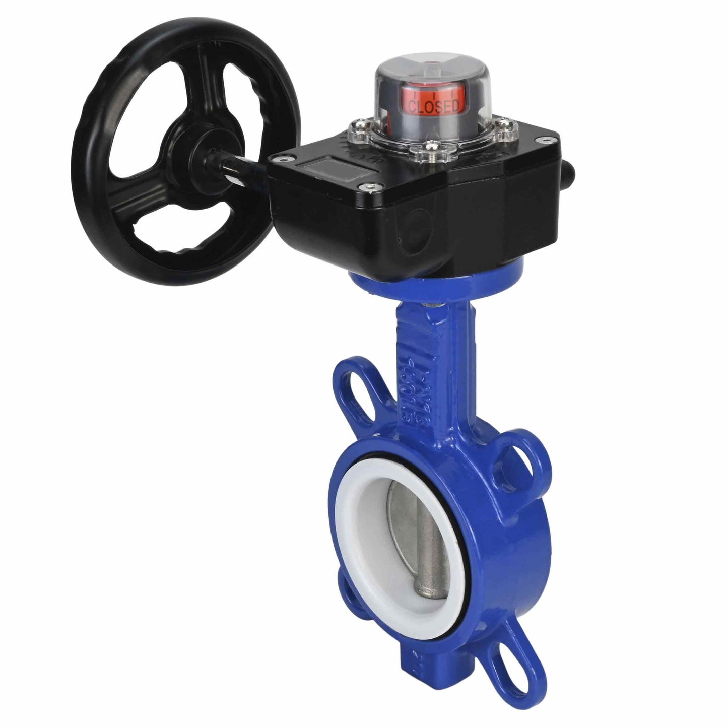 Válvula de mariposa de agua DNOVA WCB-316L-PTFE-HAM, material del cuerpo - acero al carbono WCB, material del disco - acero inoxidable AISI 316L, sello - PTFE, operada por engranajes
