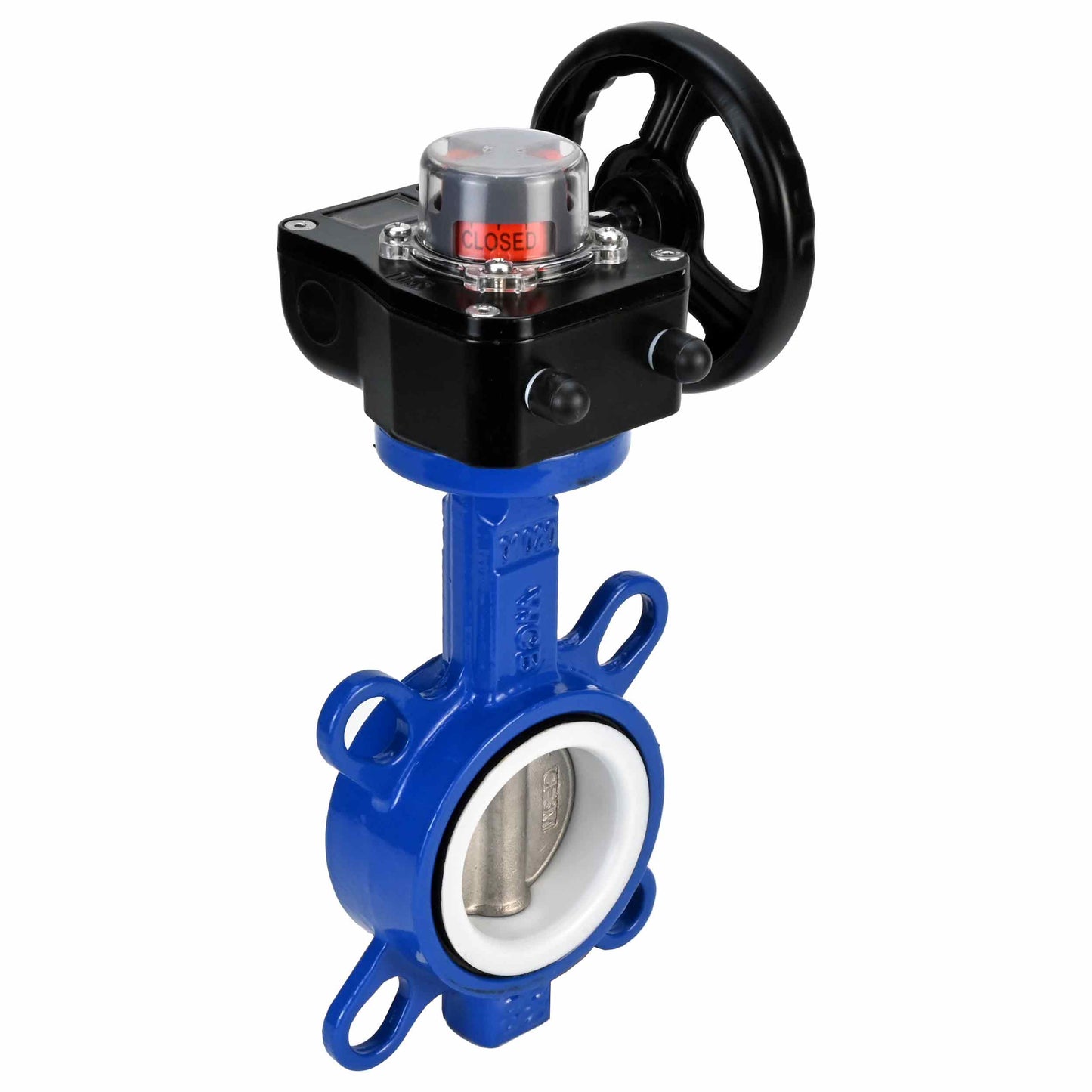 Válvula de mariposa de agua DNOVA WCB-316L-PTFE-HAM, material del cuerpo - acero al carbono WCB, material del disco - acero inoxidable AISI 316L, sello - PTFE, operada por engranajes