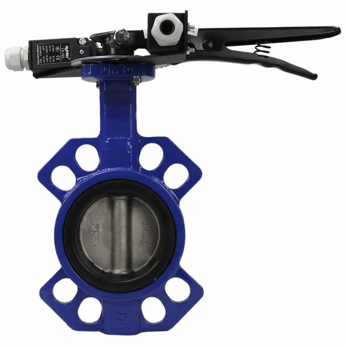 Water Butterfly Valve DNOVA WCB-316L-VITON body material - Carbon steel WCB, disk material - Stainless steel aisi 316l, seal - Viton with handle, two limit switches LS-103 250V and a bracket for mounting limit switches