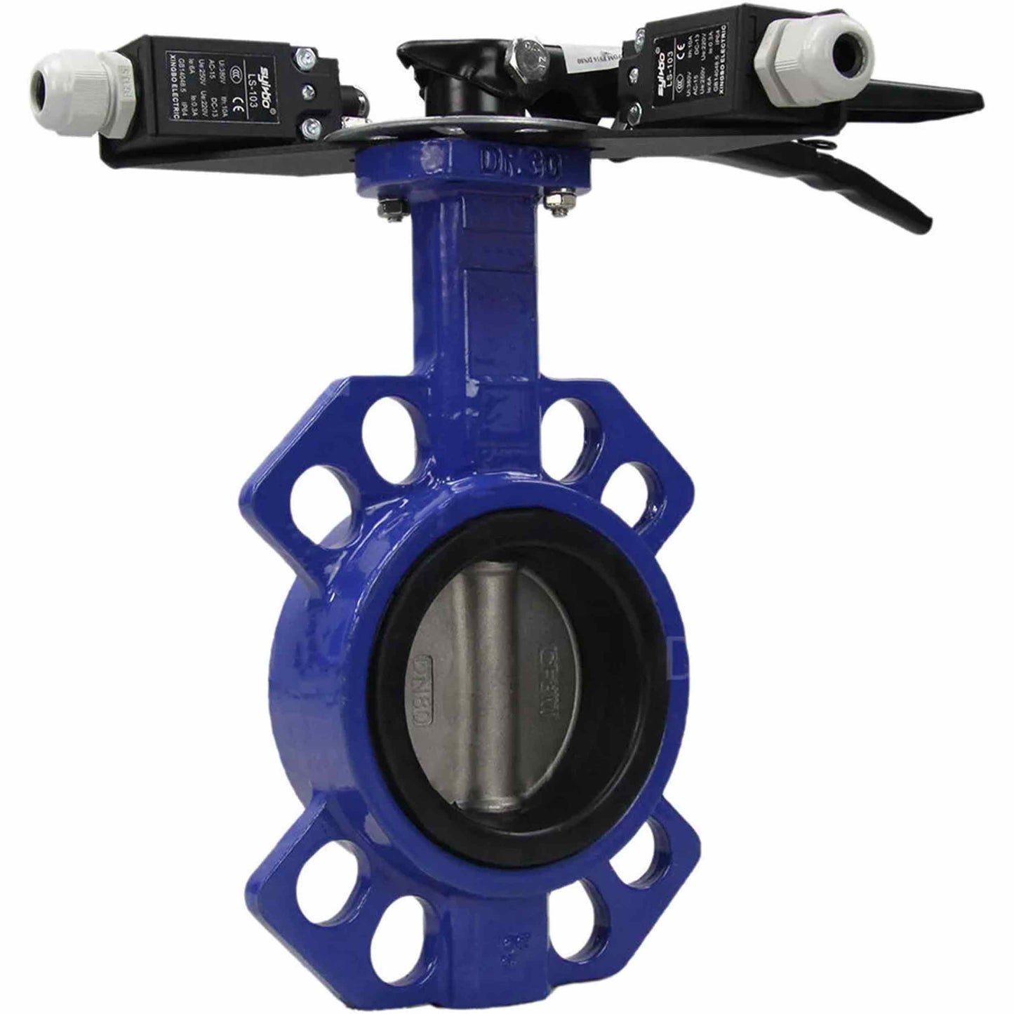 Water Butterfly Valve DNOVA WCB-316L-VITON body material - Carbon steel WCB, disk material - Stainless steel aisi 316l, seal - Viton with handle, two limit switches LS-103 250V and a bracket for mounting limit switches