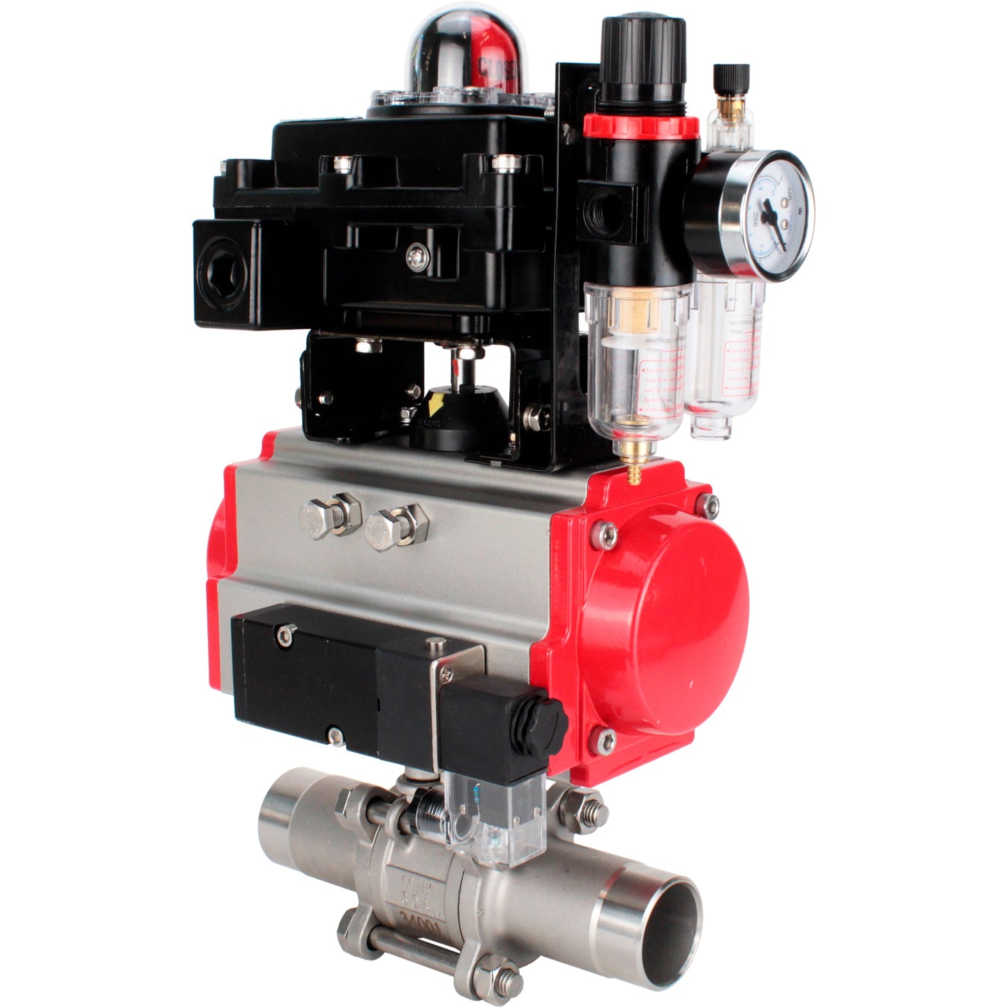 Ball valves DNOVA BV3131P(3pc)-FP-W-ISO-H LONG DN10-150 full bore, body - stainless steel 304, for welding, with pneumatic actuator PA-DA, pneumatic distributor 4M310-08 24V, LSU APL-410N EX and GSV AFC2000