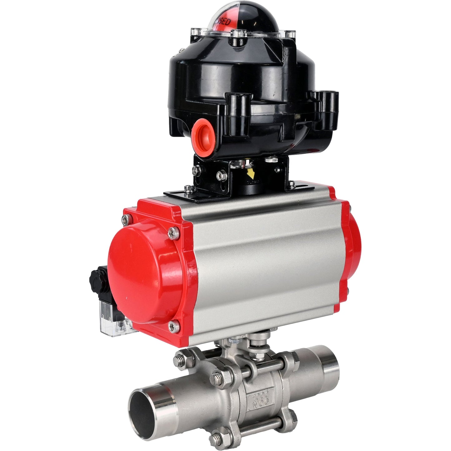 Ball valves DNOVA BV3131P(3pc)-FP-W-ISO-H LONG DN10-150 full bore, body - stainless steel 304, for welding, with pneumatic actuator PA-DA, pneumatic distributor 4M310-08 220V and limit switch block APL -510N EX