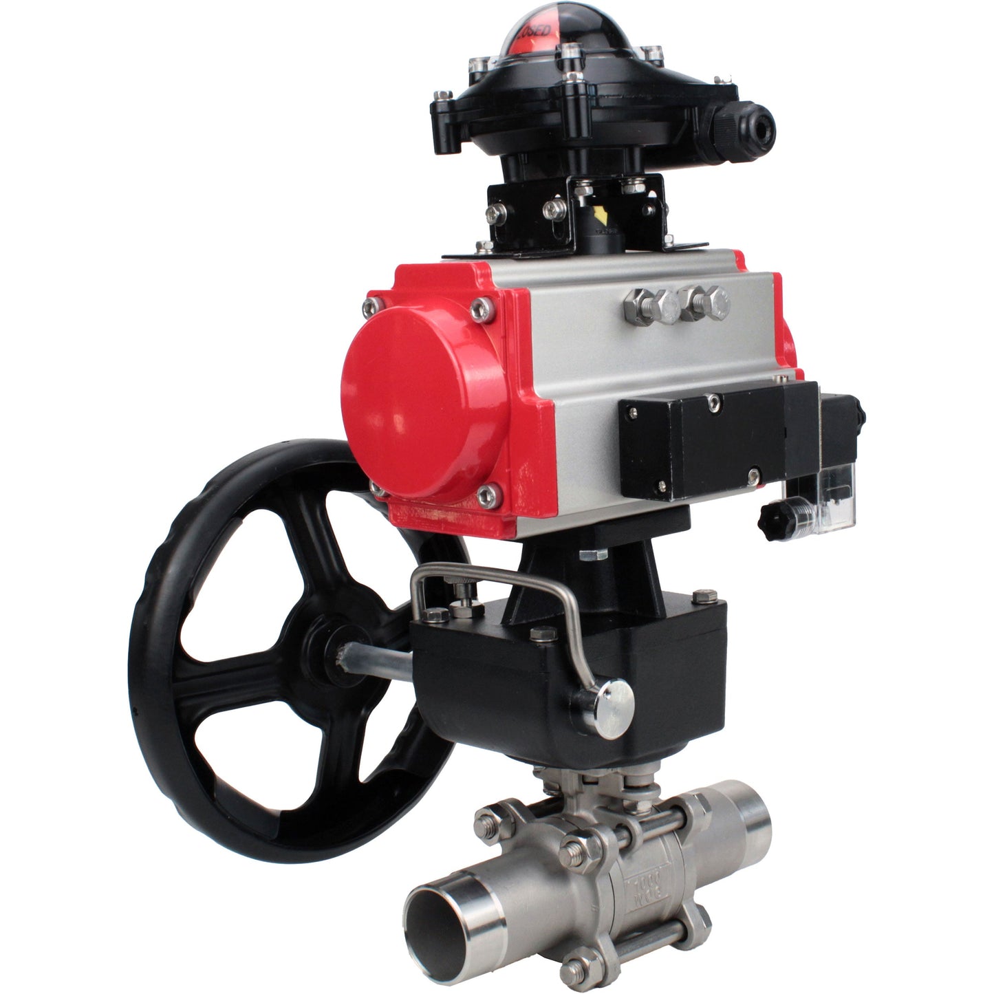 Ball valves DNOVA BV3131P(3pc)-FP-W-ISO-H LONG DN50-150 full bore, body - stainless steel 304, for welding, with PA-DA pneumatic actuator, pneumatic distributor 4M310-08 24V, MON gearbox and block limit switches APL-210N