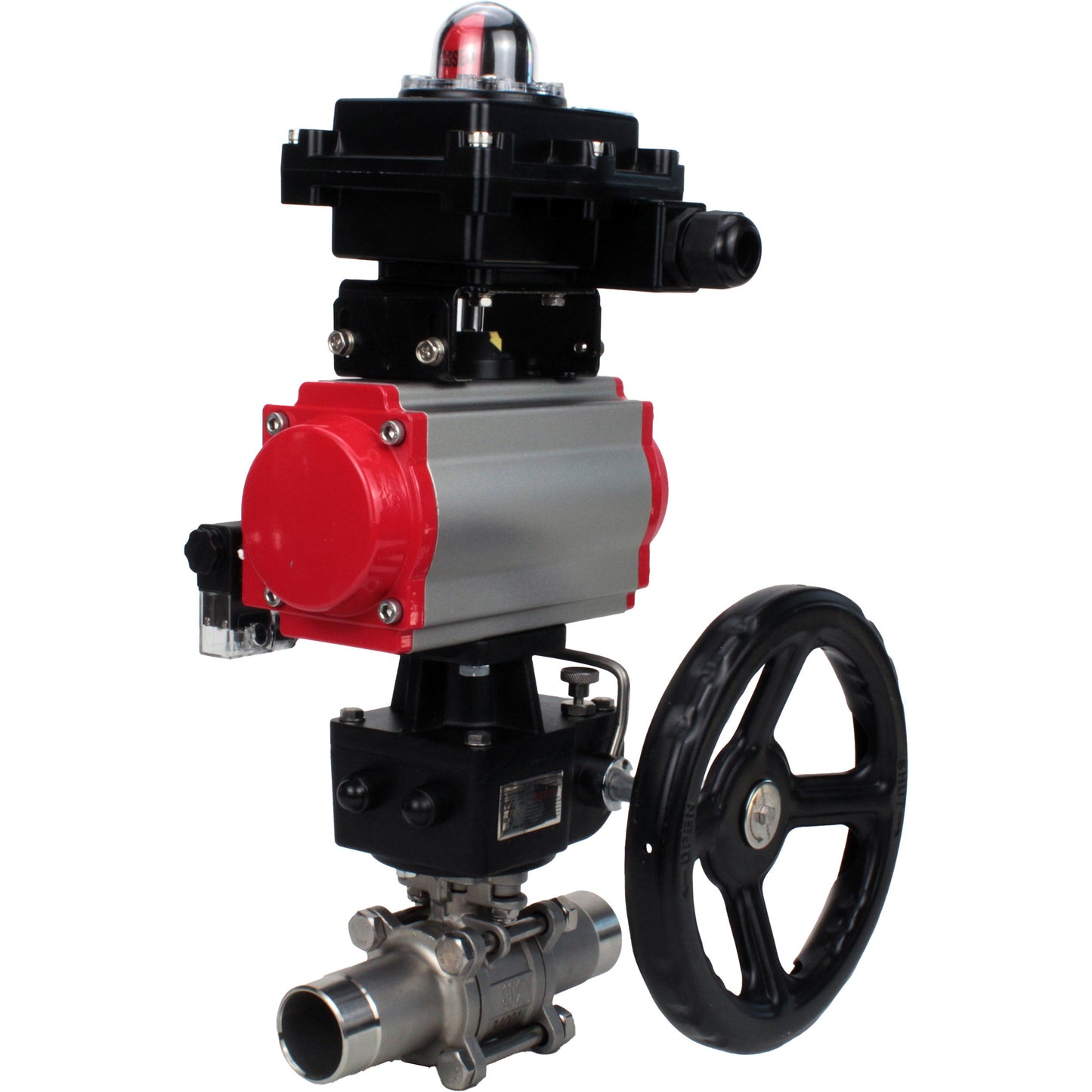 Ball valves DNOVA BV3131P(3pc)-FP-W-ISO-H LONG DN50-150 full bore, body - stainless steel 304, for welding, with PA-DA pneumatic actuator, pneumatic distributor 4M310-08 24V, MON gearbox and block limit switches APL-410N EX