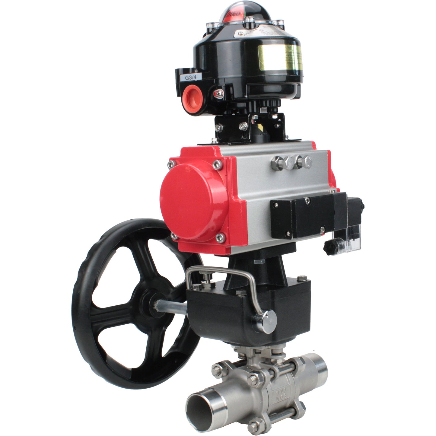 Ball valves DNOVA BV3131P(3pc)-FP-W-ISO-H LONG DN50-150 full bore, body - stainless steel 304, for welding, with PA-DA pneumatic actuator, pneumatic distributor 4M310-08 220V, MON gearbox and block limit switches APL-510N EX
