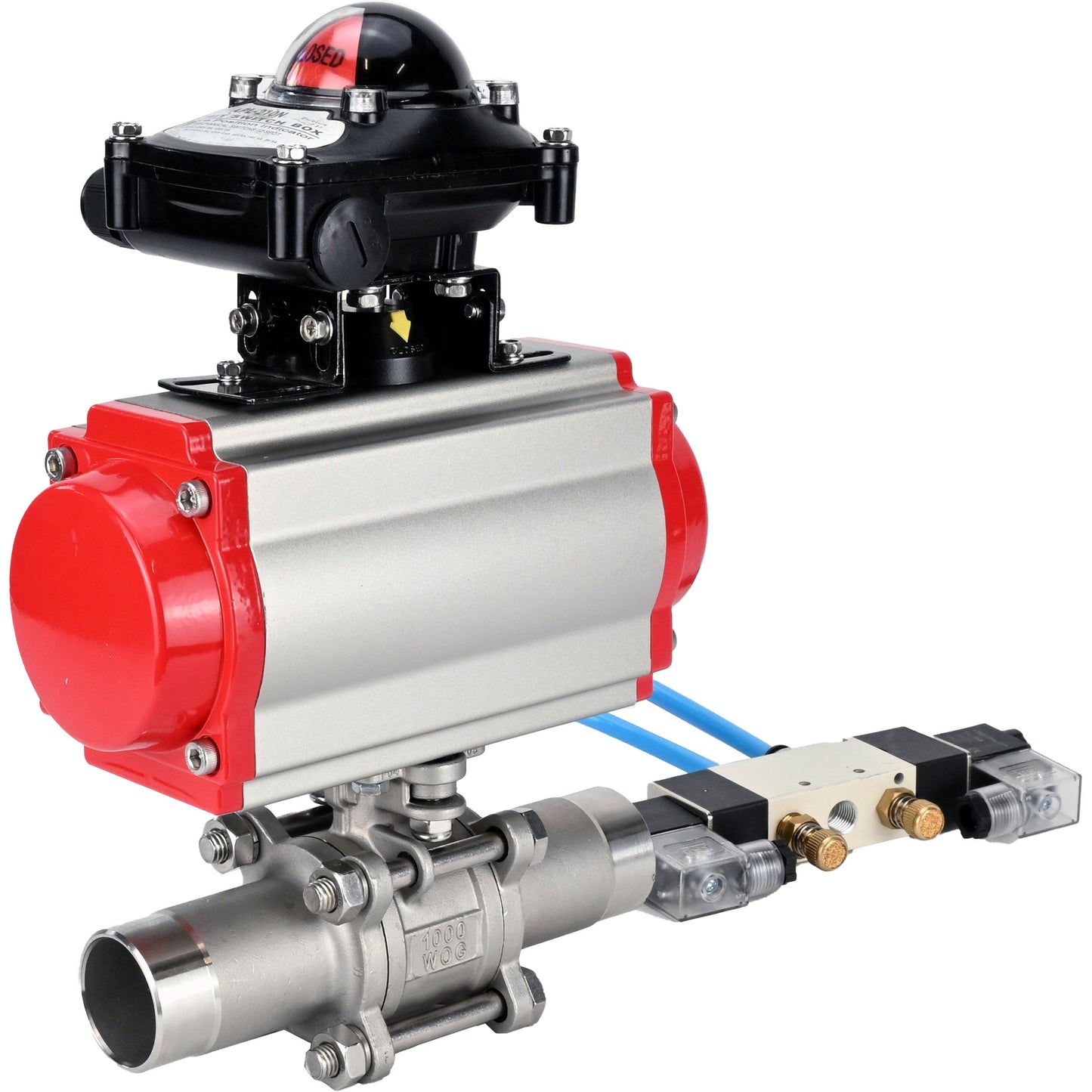 Ball valves DNOVA BV3131P(3pc)-FP-W-ISO-H LONG DN10-150 full bore, body - stainless steel 304, for welding, with pneumatic actuator PA-DA, pneumatic distributor 4V320-08 220V and limit switch block APL -210N