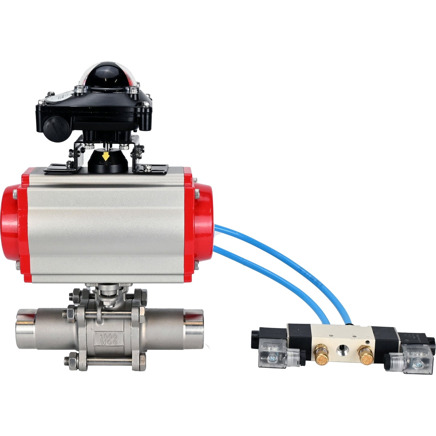 Ball valves DNOVA BV3131P(3pc)-FP-W-ISO-H LONG DN10-150 full bore, body - stainless steel 304, for welding, with pneumatic actuator PA-DA, pneumatic distributor 4V320-08 220V and limit switch block APL -210N