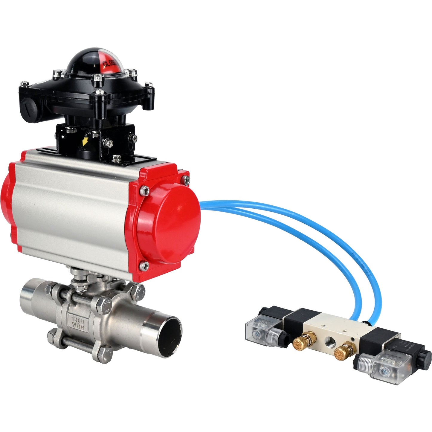Ball valves DNOVA BV3131P(3pc)-FP-W-ISO-H LONG DN10-150 full bore, body - stainless steel 304, for welding, with pneumatic actuator PA-DA, pneumatic distributor 4V320-08 220V and limit switch block APL -210N