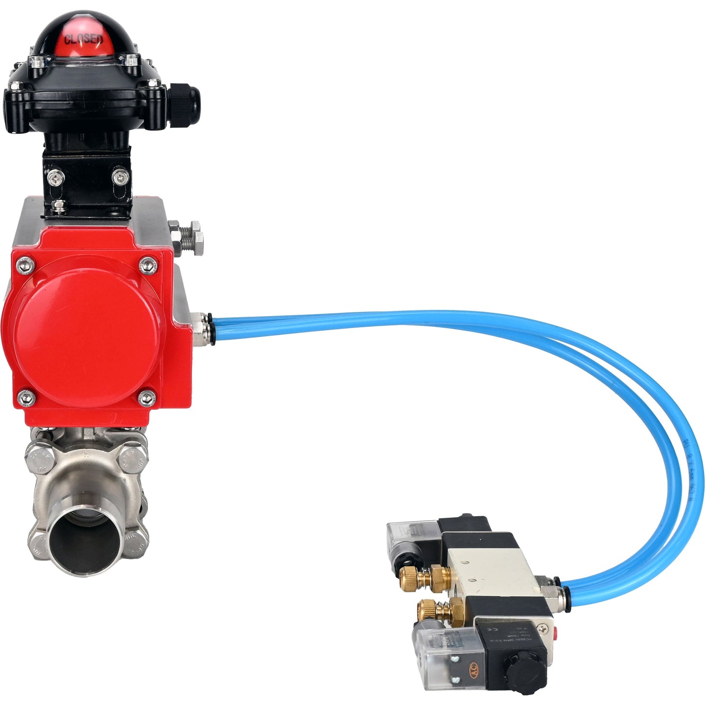 Ball valves DNOVA BV3131P(3pc)-FP-W-ISO-H LONG DN10-150 full bore, body - stainless steel 304, for welding, with pneumatic actuator PA-DA, pneumatic distributor 4V320-08 220V and limit switch block APL -210N