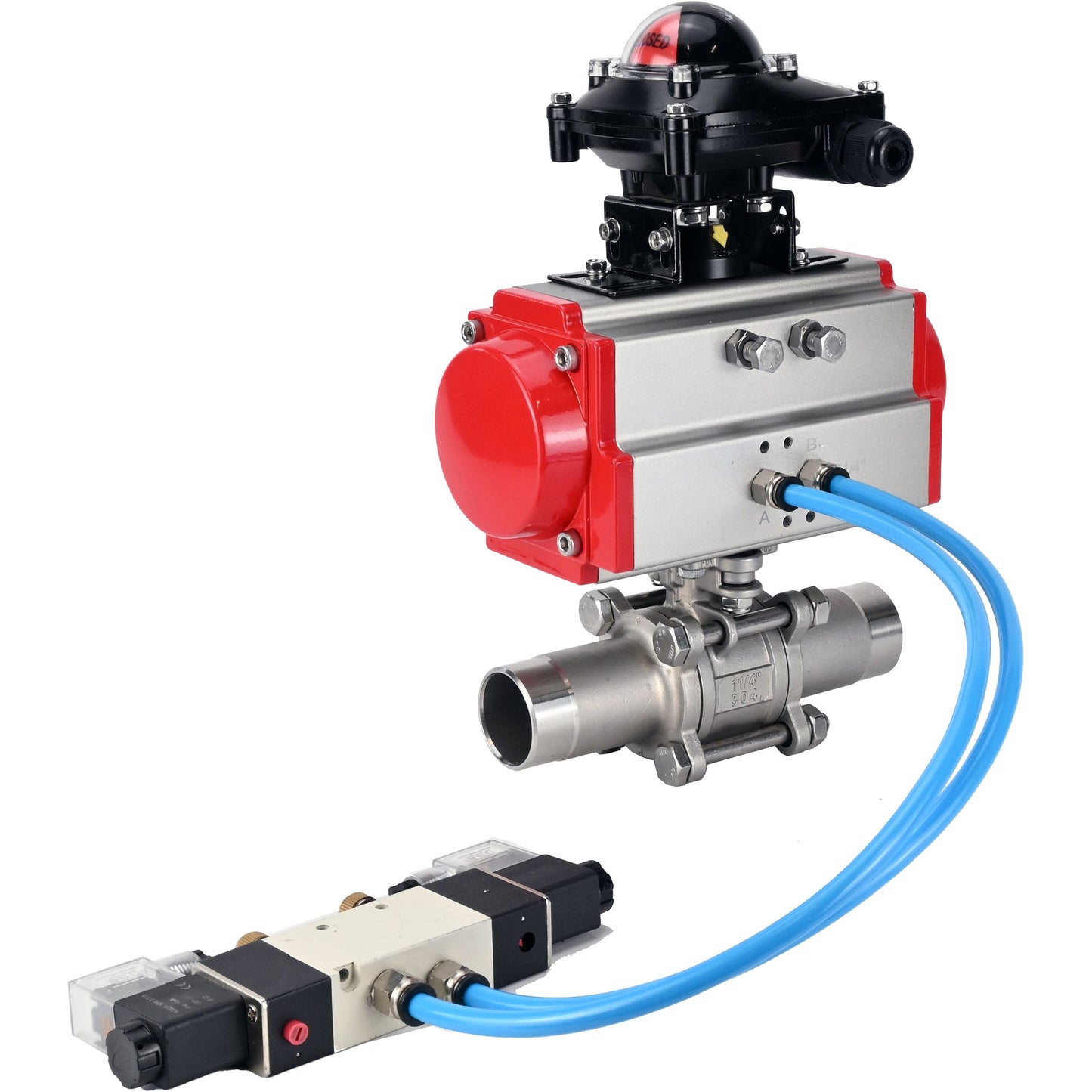 Ball valves DNOVA BV3131P(3pc)-FP-W-ISO-H LONG DN10-150 full bore, body - stainless steel 304, for welding, with pneumatic actuator PA-DA, pneumatic distributor 4V320-08 220V and limit switch block APL -210N