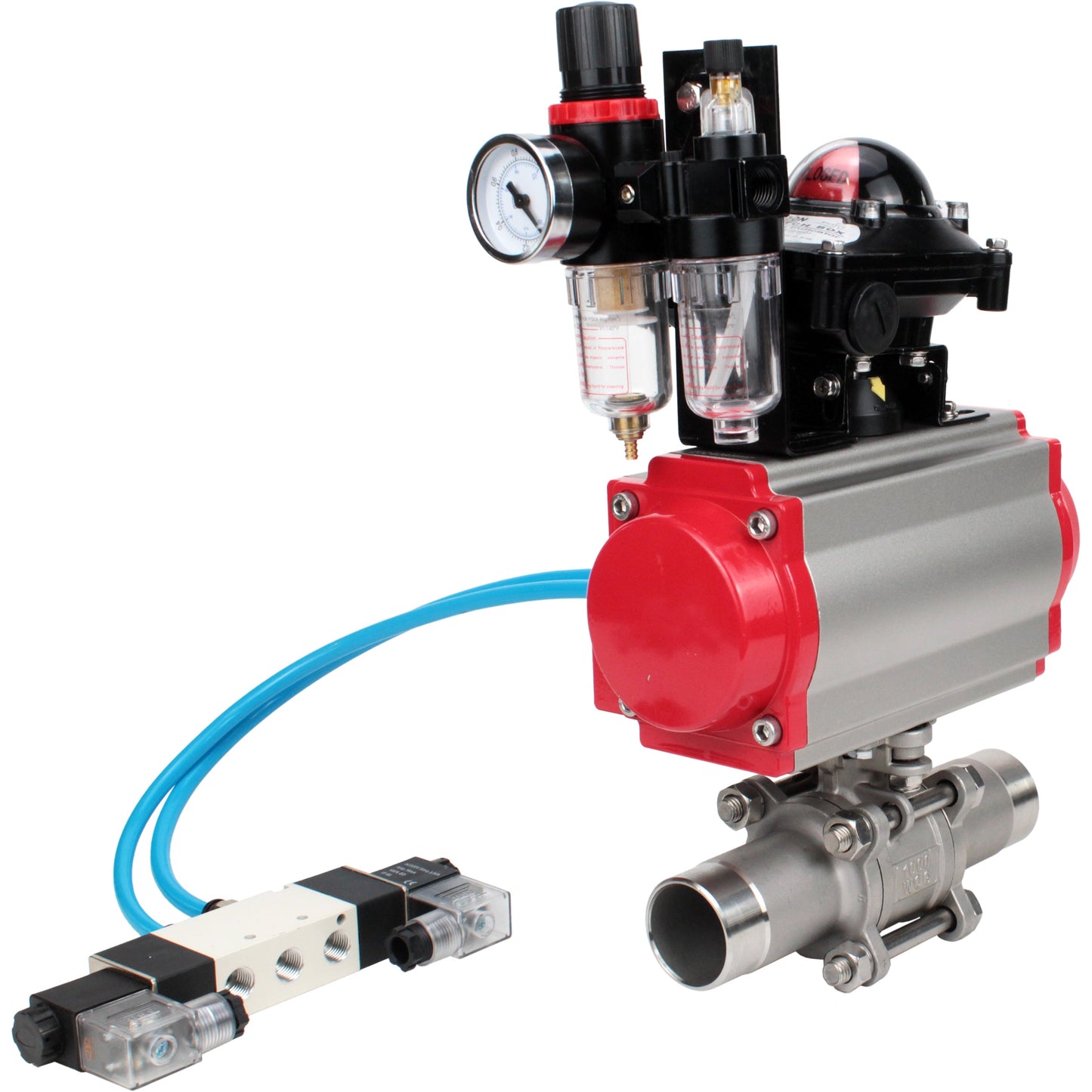 Ball valves DNOVA BV3131P(3pc)-FP-W-ISO-H LONG DN10-150 full bore, body - stainless steel 304, for welding, with pneumatic actuator PA-DA, pneumatic distributor 4V320-08 220V, LSU APL-210N and GSV AFC2000