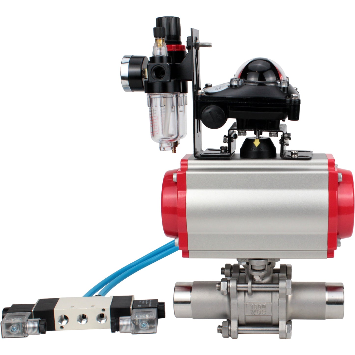 Ball valves DNOVA BV3131P(3pc)-FP-W-ISO-H LONG DN10-150 full bore, body - stainless steel 304, for welding, with pneumatic actuator PA-DA, pneumatic distributor 4V320-08 220V, LSU APL-210N and GSV AFC2000