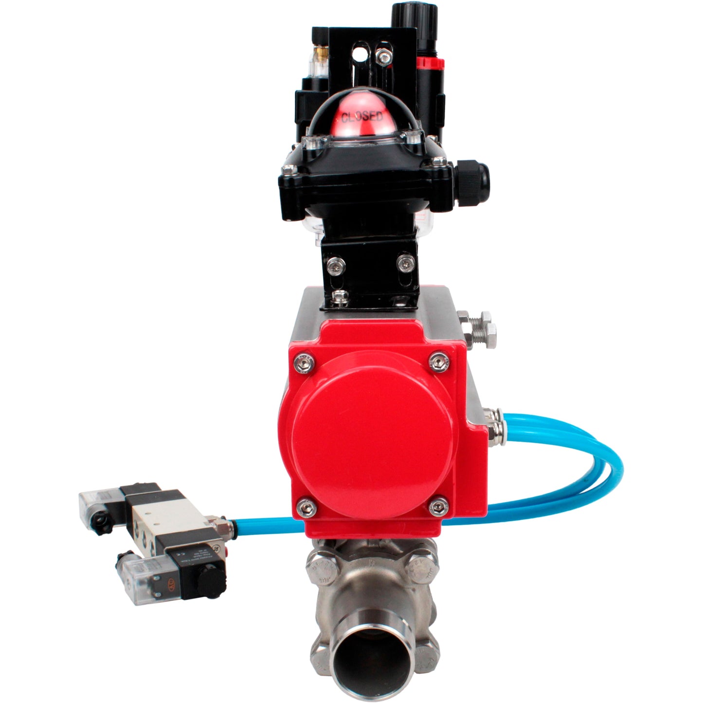 Ball valves DNOVA BV3131P(3pc)-FP-W-ISO-H LONG DN10-150 full bore, body - stainless steel 304, for welding, with pneumatic actuator PA-DA, pneumatic distributor 4V320-08 220V, LSU APL-210N and GSV AFC2000