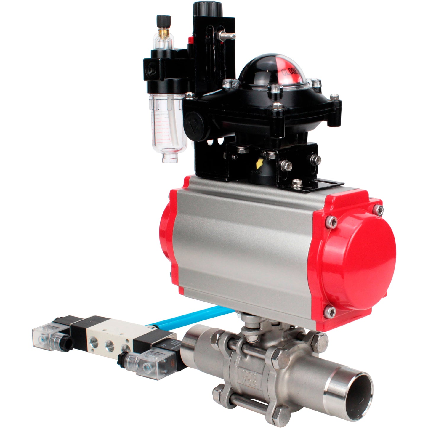 Ball valves DNOVA BV3131P(3pc)-FP-W-ISO-H LONG DN10-150 full bore, body - stainless steel 304, for welding, with pneumatic actuator PA-DA, pneumatic distributor 4V320-08 220V, LSU APL-210N and GSV AFC2000