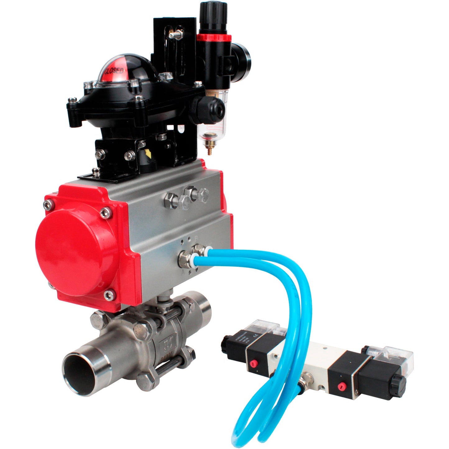 Ball valves DNOVA BV3131P(3pc)-FP-W-ISO-H LONG DN10-150 full bore, body - stainless steel 304, for welding, with pneumatic actuator PA-DA, pneumatic distributor 4V320-08 220V, LSU APL-210N and GSV AFC2000