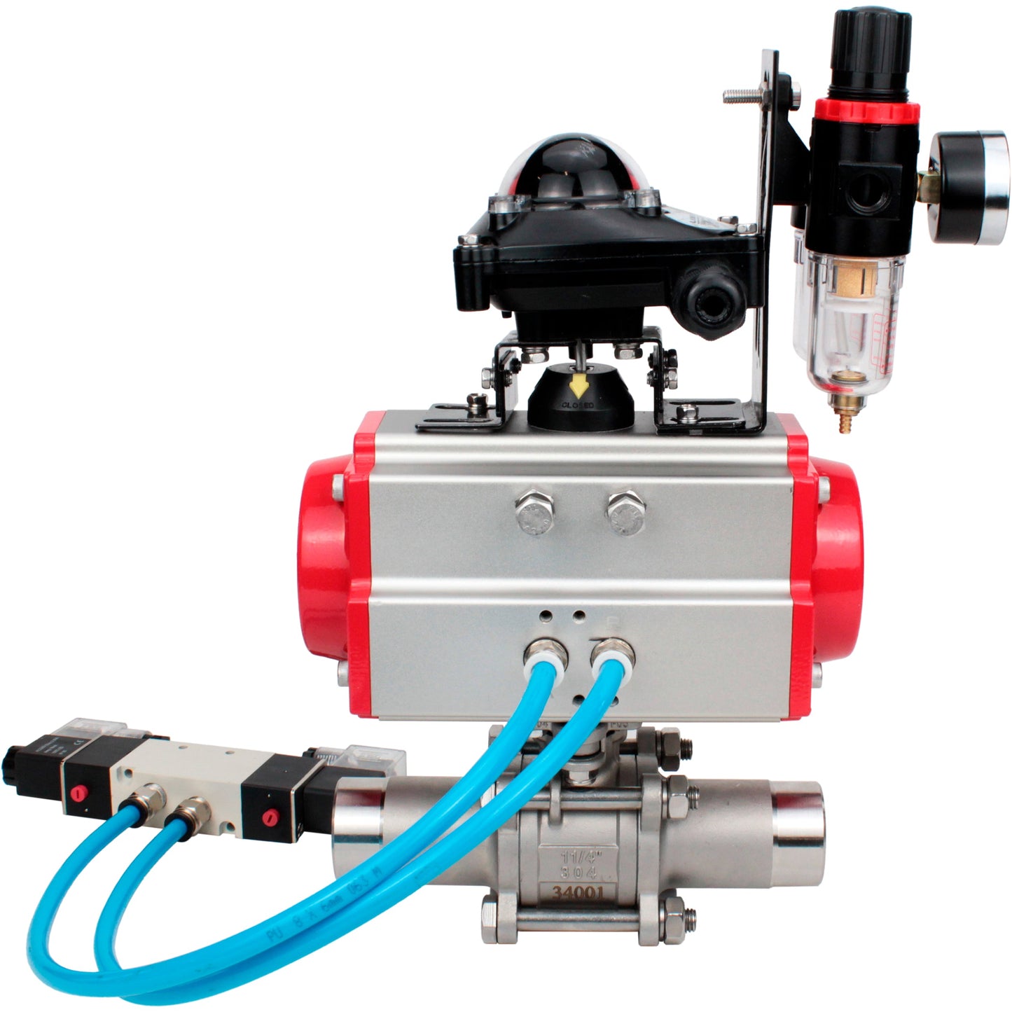 Ball valves DNOVA BV3131P(3pc)-FP-W-ISO-H LONG DN10-150 full bore, body - stainless steel 304, for welding, with pneumatic actuator PA-DA, pneumatic distributor 4V320-08 220V, LSU APL-210N and GSV AFC2000
