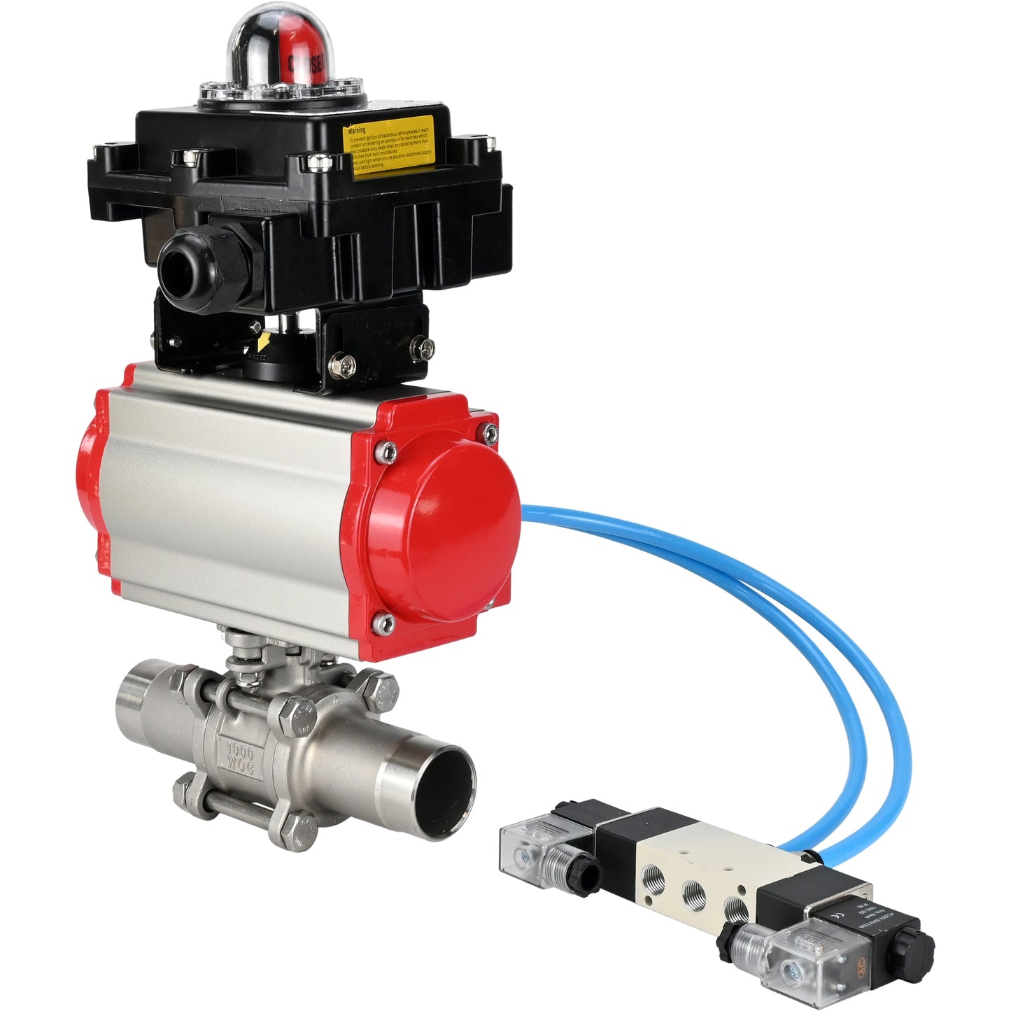 Ball valves DNOVA BV3131P(3pc)-FP-W-ISO-H LONG DN10-150 full bore, body - stainless steel 304, for welding, with pneumatic actuator PA-DA, pneumatic distributor 4V320-08 220V and limit switch block APL -410N EX