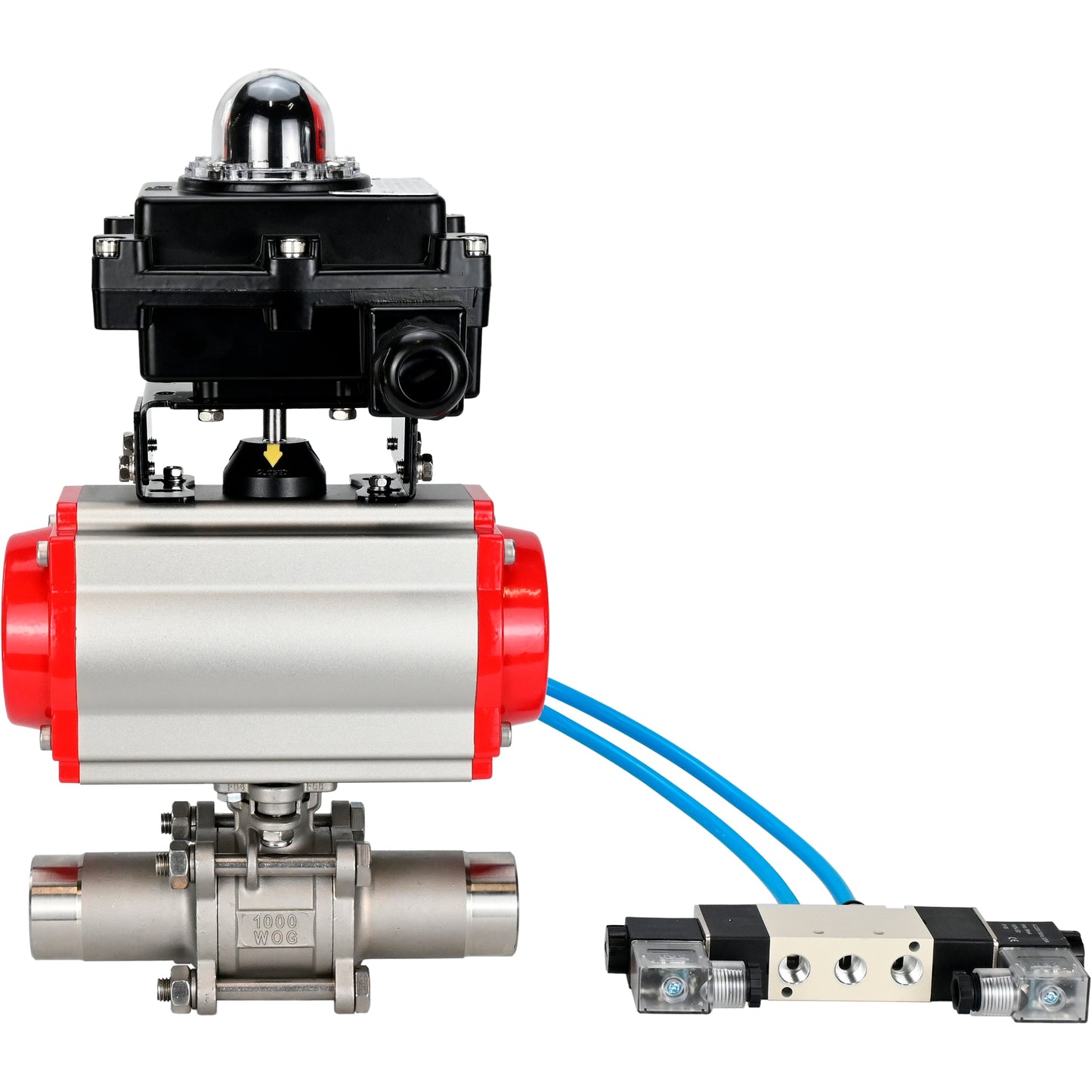 Ball valves DNOVA BV3131P(3pc)-FP-W-ISO-H LONG DN10-150 full bore, body - stainless steel 304, for welding, with pneumatic actuator PA-DA, pneumatic distributor 4V320-08 220V and limit switch block APL -410N EX