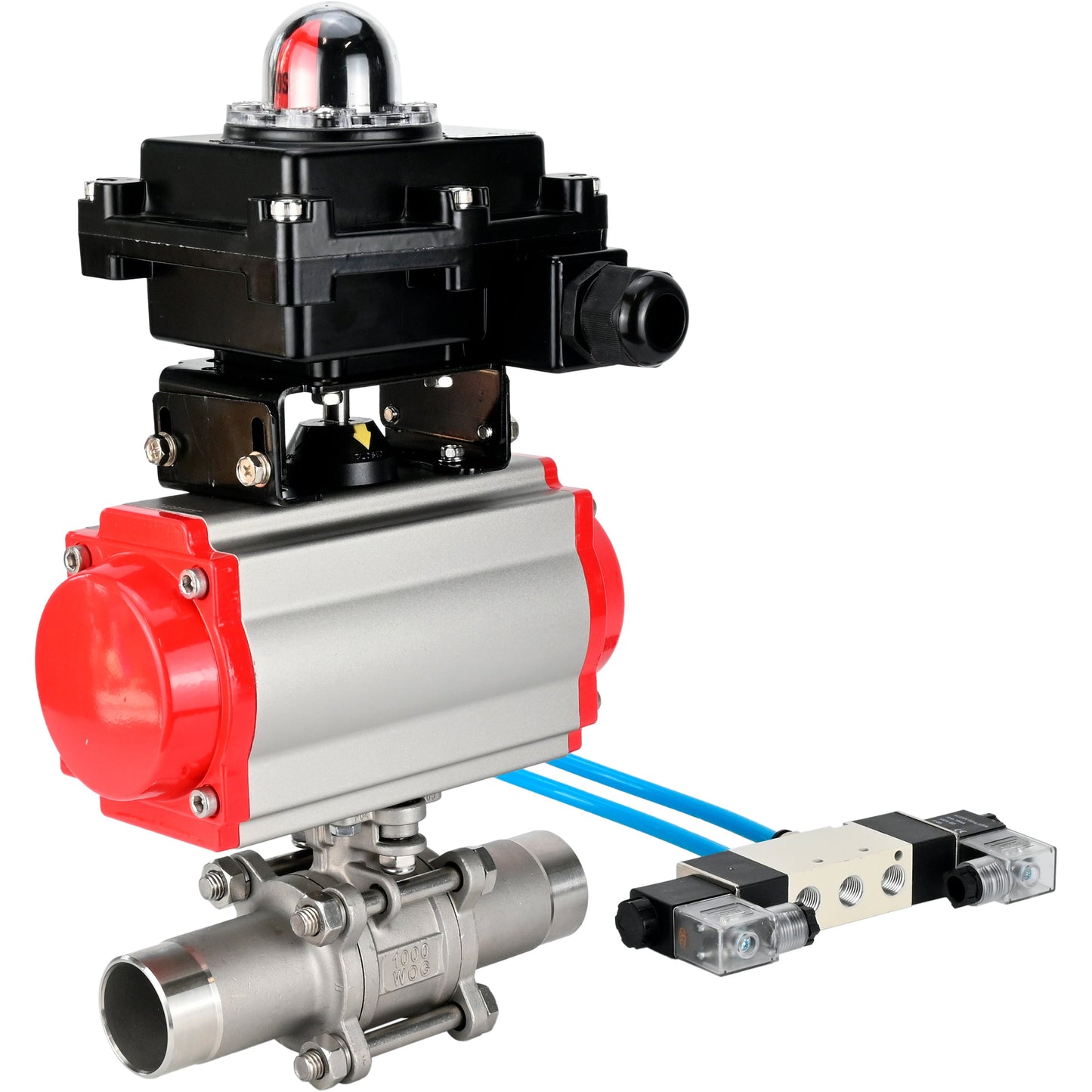 Ball valves DNOVA BV3131P(3pc)-FP-W-ISO-H LONG DN10-150 full bore, body - stainless steel 304, for welding, with pneumatic actuator PA-DA, pneumatic distributor 4V320-08 220V and limit switch block APL -410N EX
