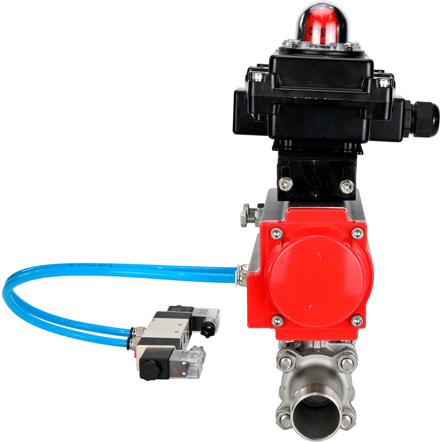 Ball valves DNOVA BV3131P(3pc)-FP-W-ISO-H LONG DN10-150 full bore, body - stainless steel 304, for welding, with pneumatic actuator PA-DA, pneumatic distributor 4V320-08 220V and limit switch block APL -410N EX