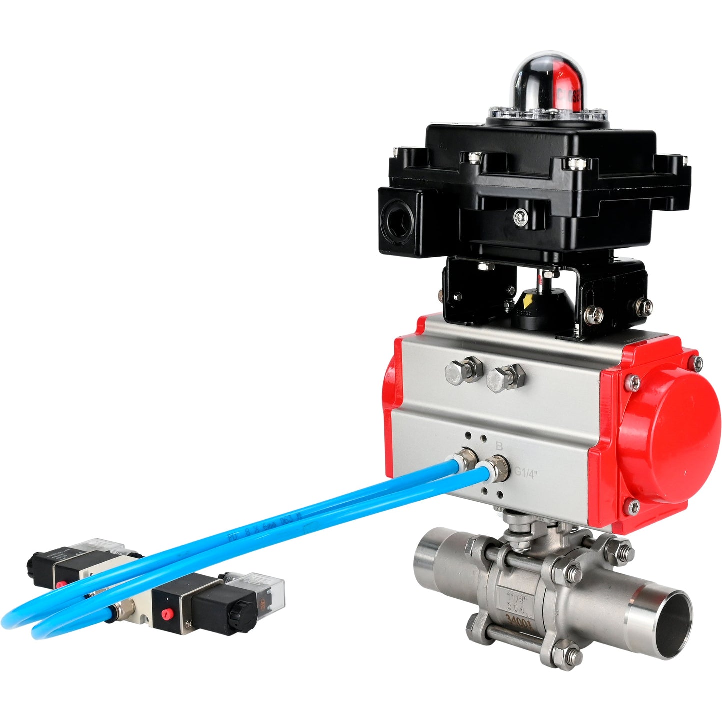 Ball valves DNOVA BV3131P(3pc)-FP-W-ISO-H LONG DN10-150 full bore, body - stainless steel 304, for welding, with pneumatic actuator PA-DA, pneumatic distributor 4V320-08 220V and limit switch block APL -410N EX
