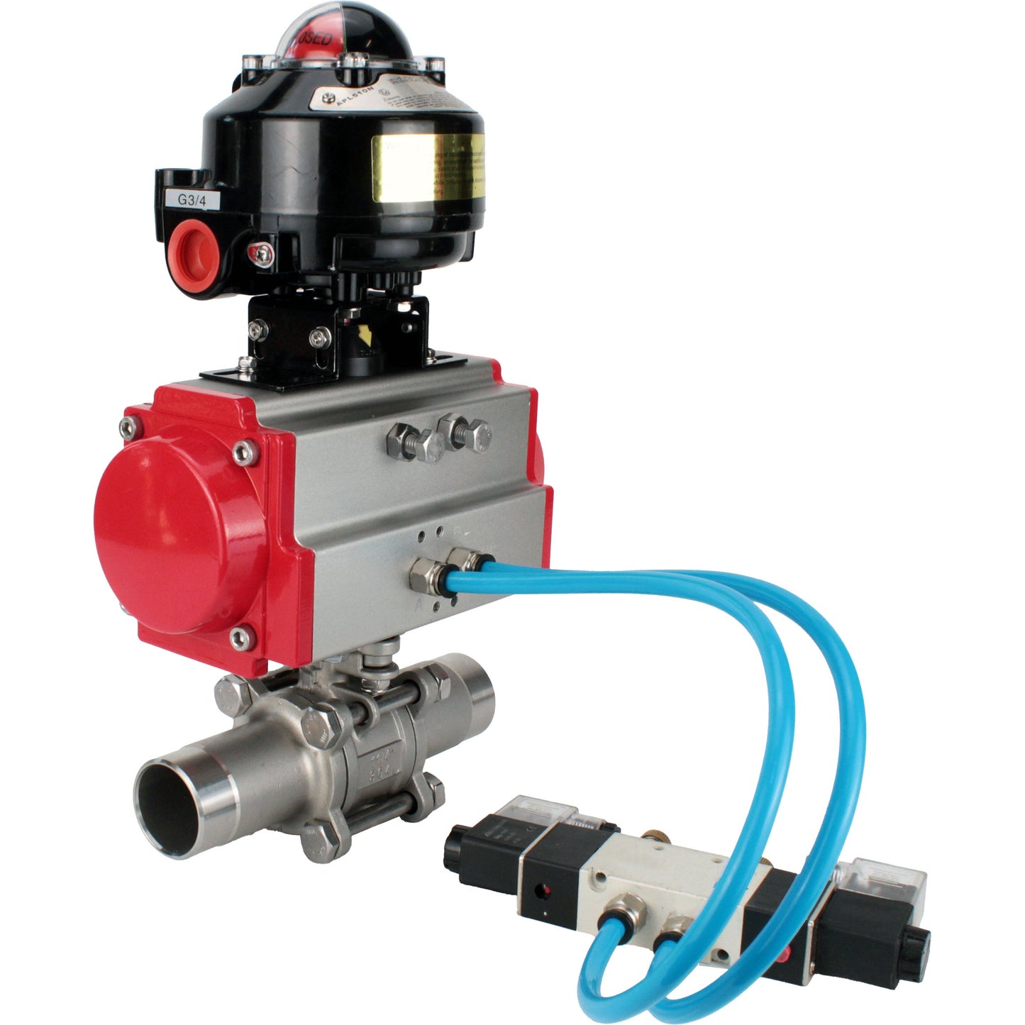 Ball valves DNOVA BV3131P(3pc)-FP-W-ISO-H LONG DN10-150 full bore, body - stainless steel 304, for welding, with pneumatic actuator PA-DA, pneumatic distributor 4V320-08 220V and limit switch block APL -510N EX