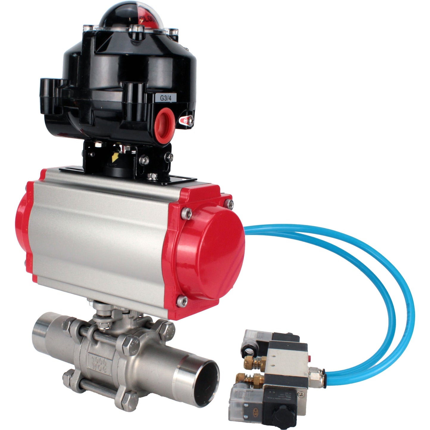 Ball valves DNOVA BV3131P(3pc)-FP-W-ISO-H LONG DN10-150 full bore, body - stainless steel 304, for welding, with pneumatic actuator PA-DA, pneumatic distributor 4V320-08 220V and limit switch block APL -510N EX