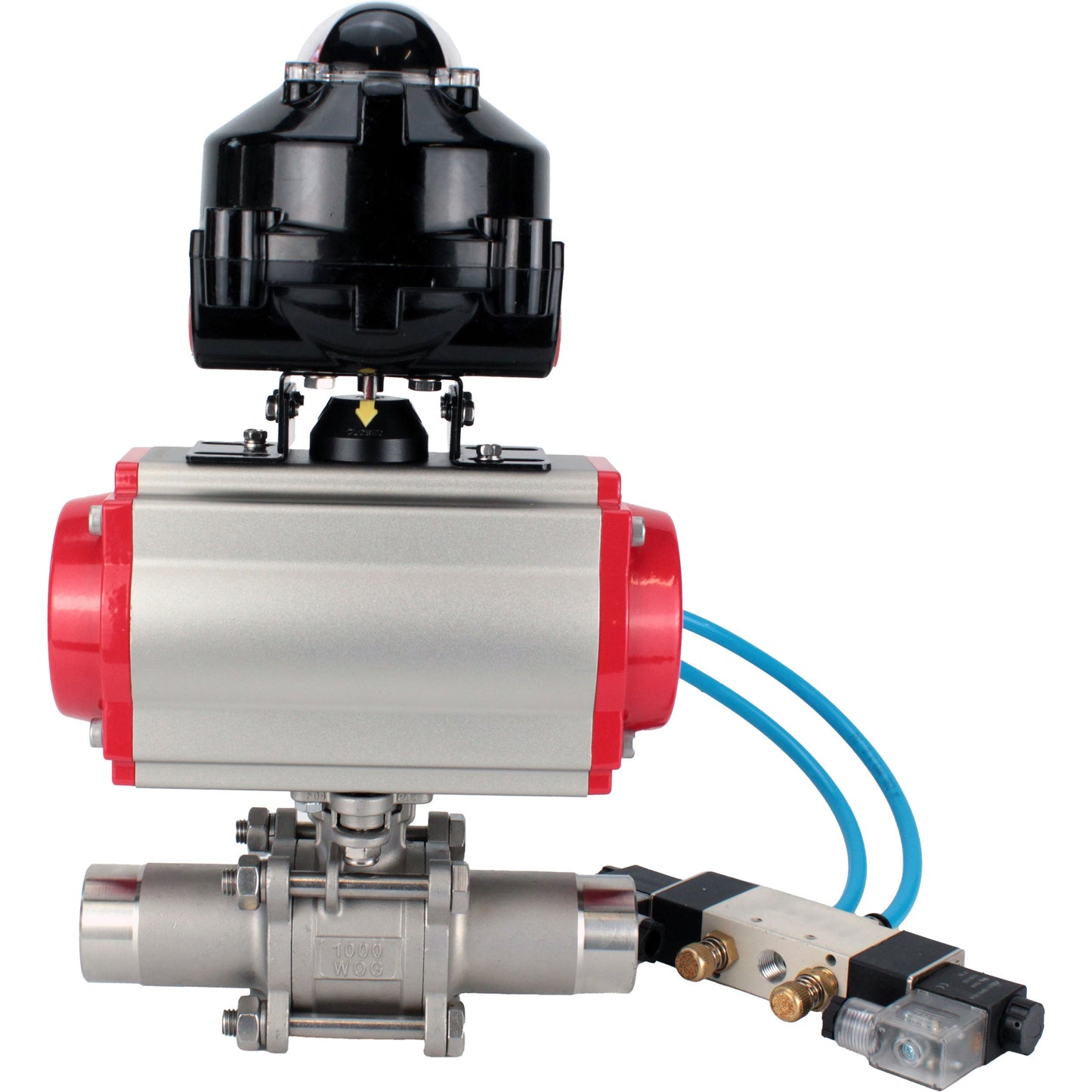 Ball valves DNOVA BV3131P(3pc)-FP-W-ISO-H LONG DN10-150 full bore, body - stainless steel 304, for welding, with pneumatic actuator PA-DA, pneumatic distributor 4V320-08 220V and limit switch block APL -510N EX