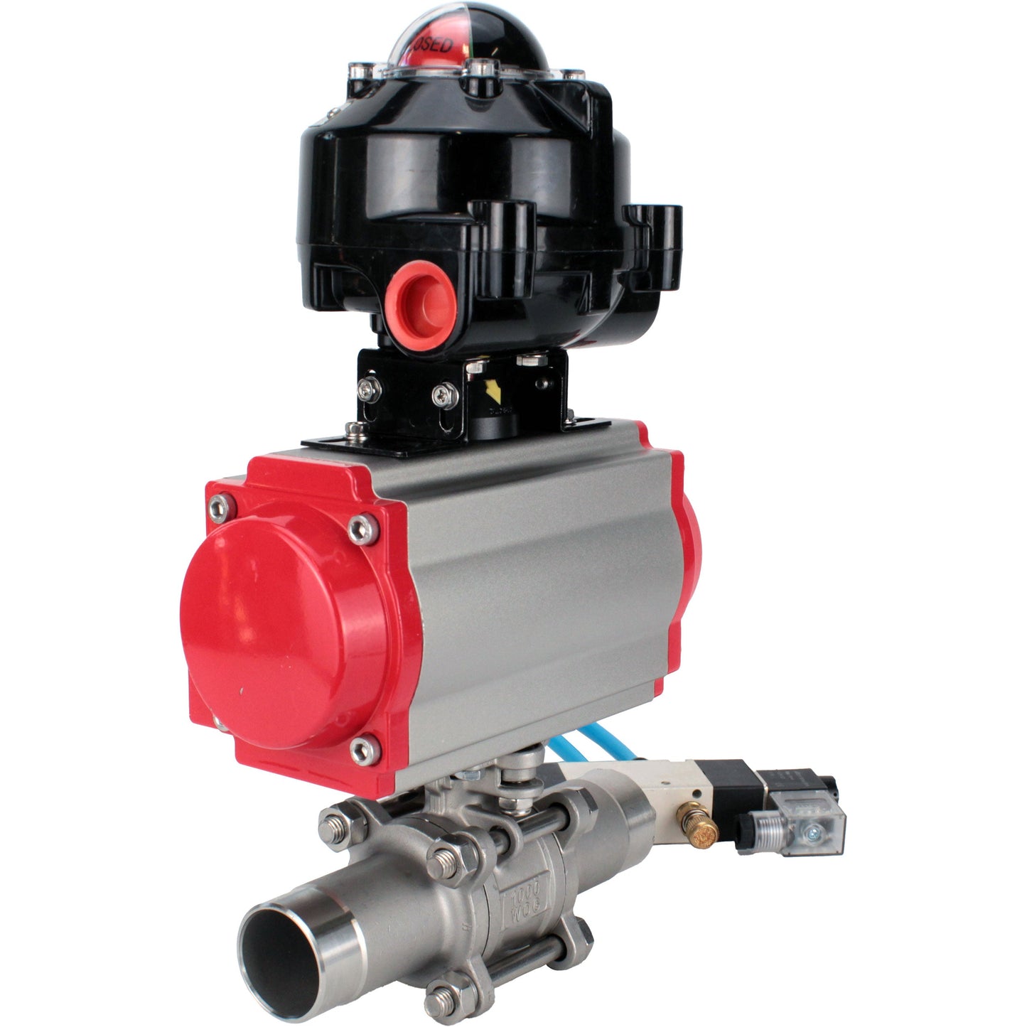 Ball valves DNOVA BV3131P(3pc)-FP-W-ISO-H LONG DN10-150 full bore, body - stainless steel 304, for welding, with pneumatic actuator PA-DA, pneumatic distributor 4V320-08 220V and limit switch block APL -510N EX