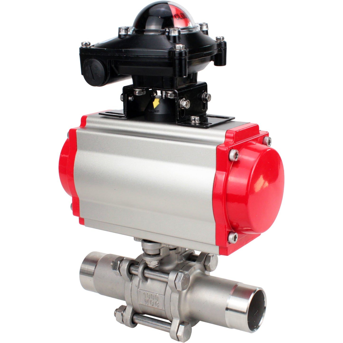 Ball valves DNOVA BV3131P(3pc)-FP-W-ISO-H LONG DN10-150 full bore, body - stainless steel 304, welded, with pneumatic actuator DNOVA PA-SA and limit switch block APL-210N