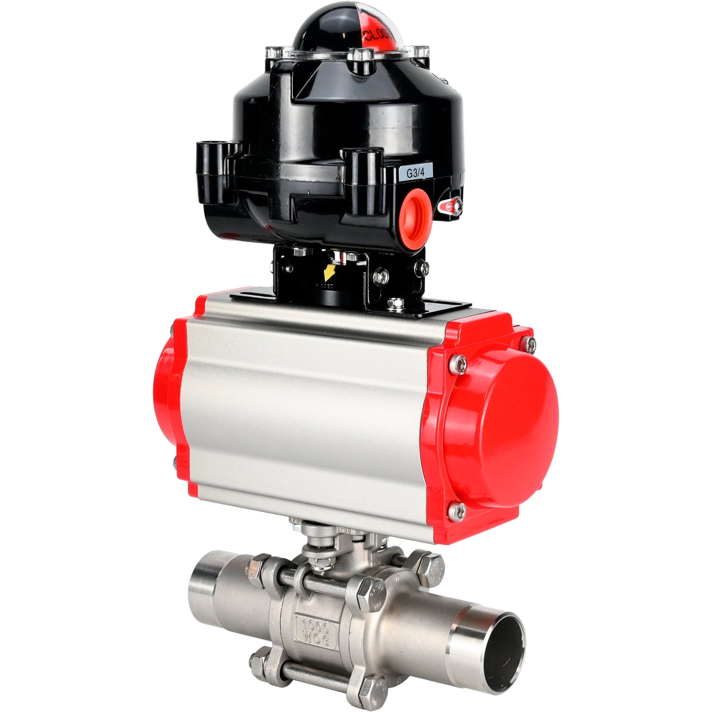 Ball valves DNOVA BV3131P(3pc)-FP-W-ISO-H LONG DN10-150 full bore, body - stainless steel 304, welded, with pneumatic actuator DNOVA PA-SA and limit switch block APL-510N EX